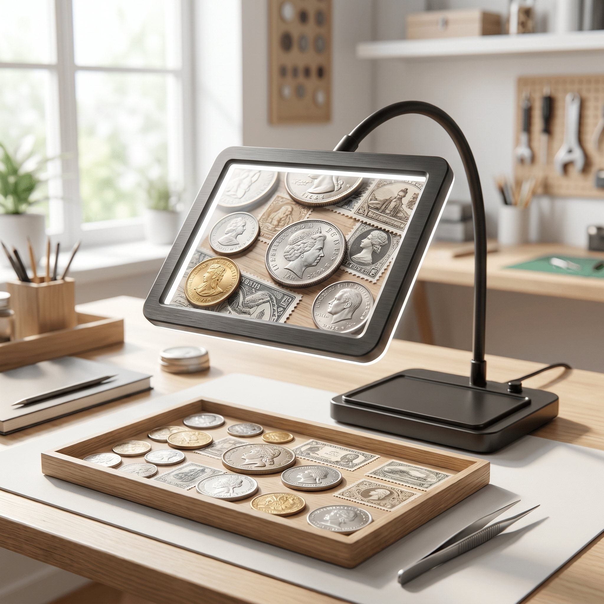 Black magnifying lamp over a coin and stamp collection