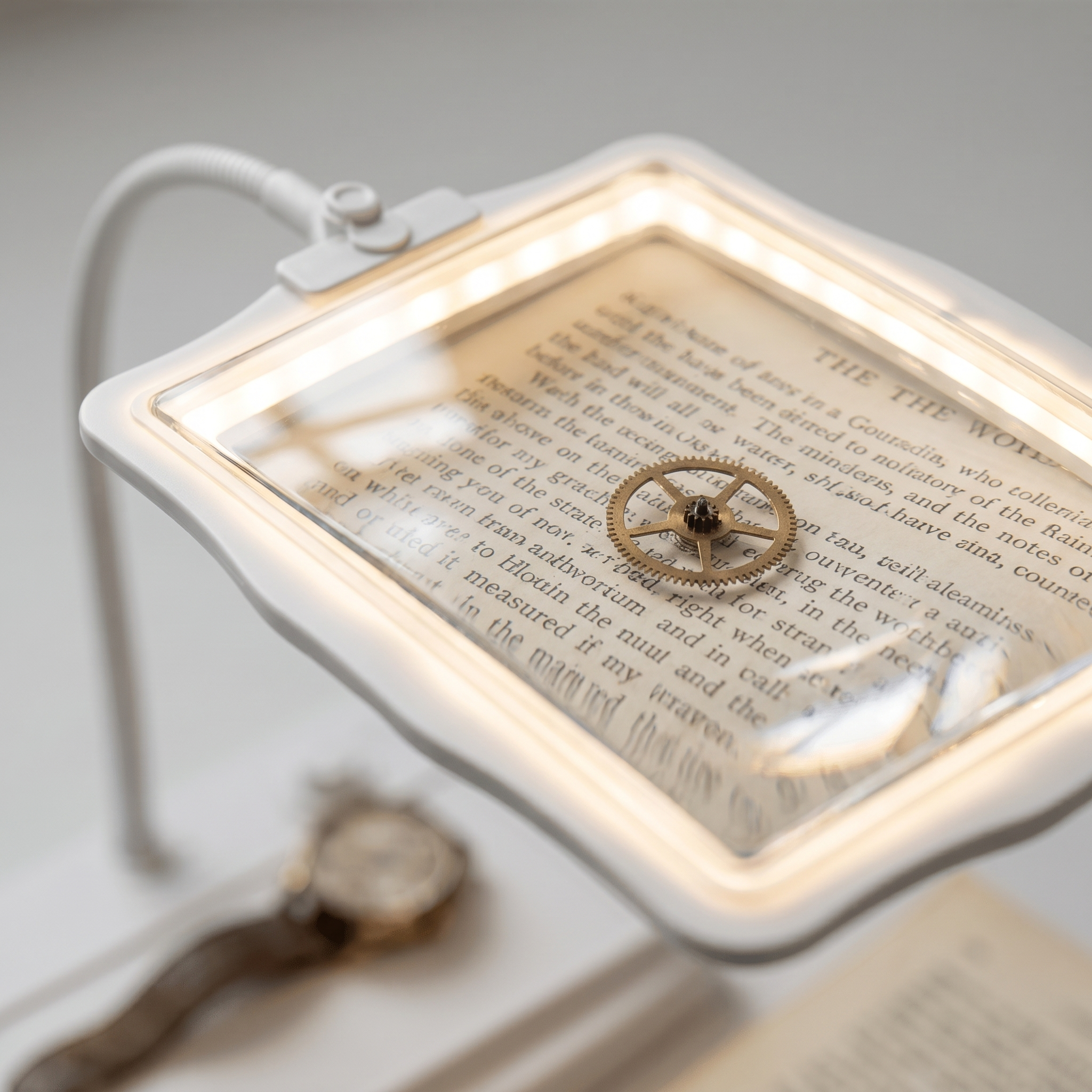 Close-up of the LED-lit magnifier lens enlarging text and a small part
