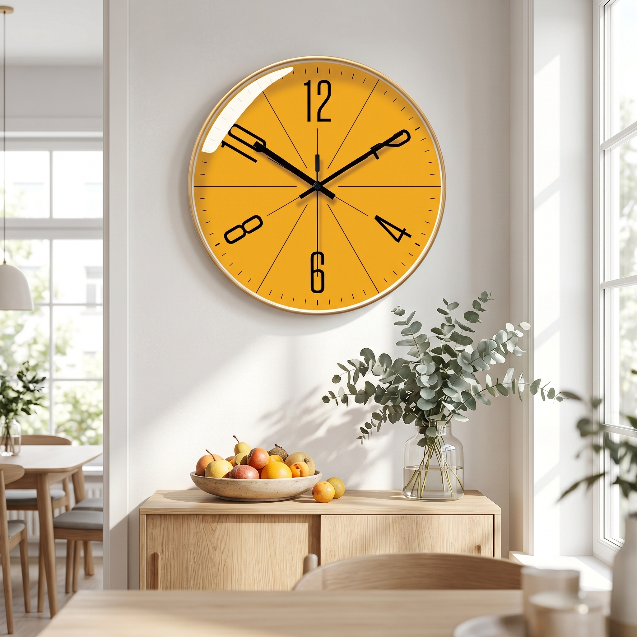 Gold-frame orange Nordic wall clock in a bright dining room