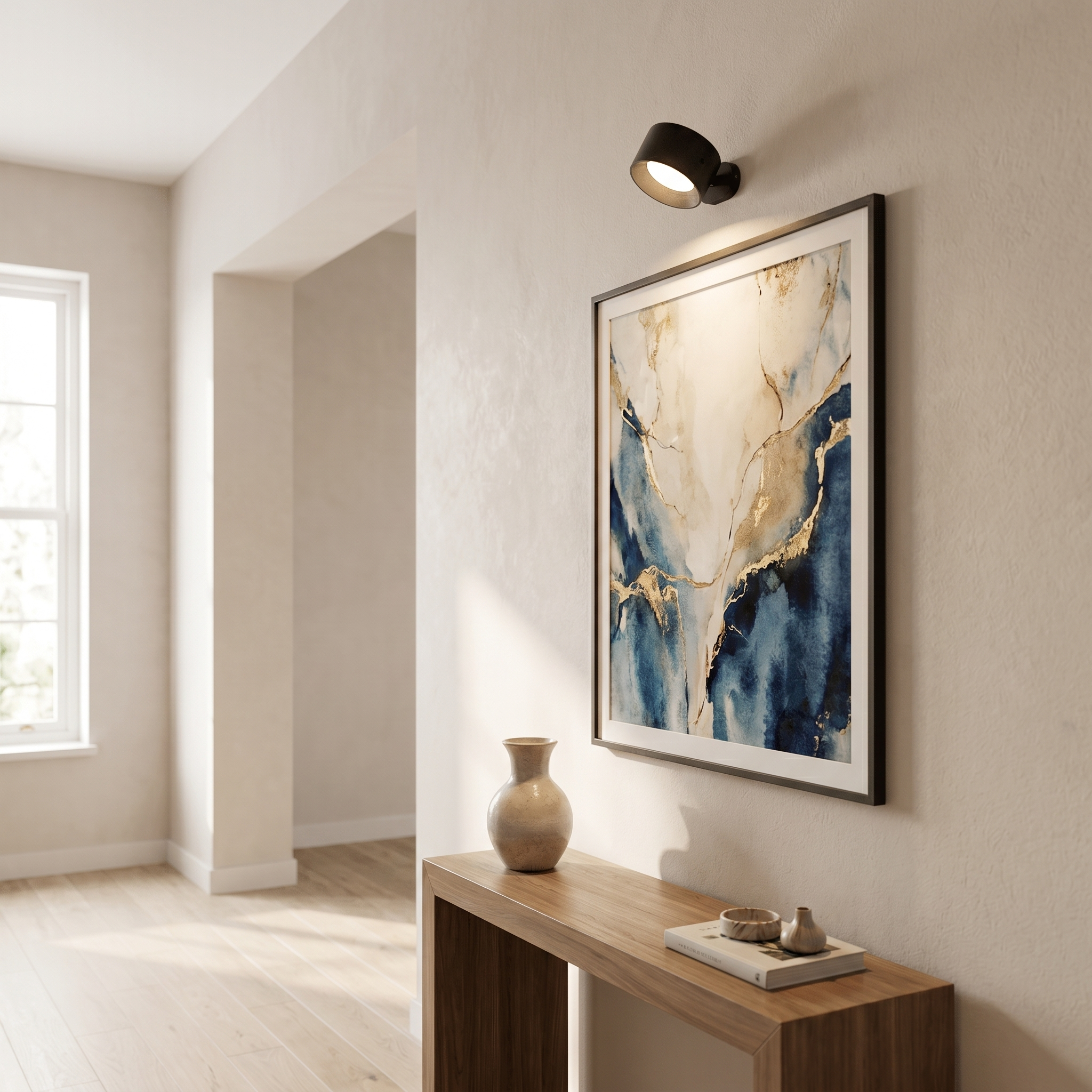 Black Aura wall light as a picture light over hallway art