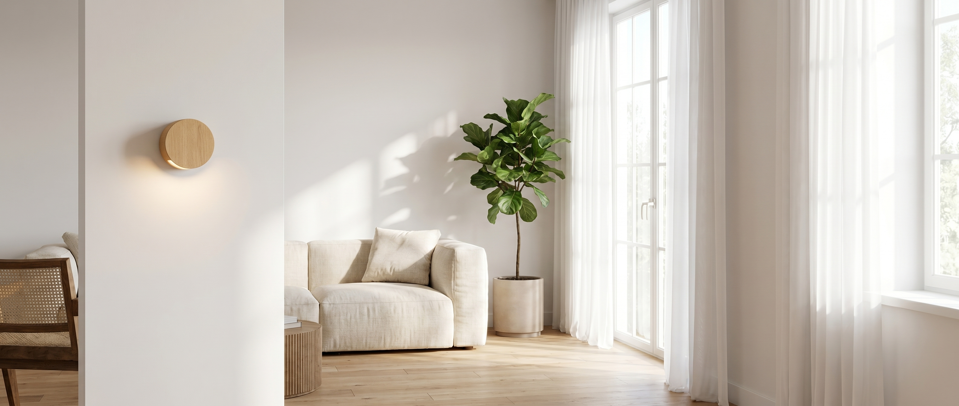 Aura cordless wall light in a bright modern living room