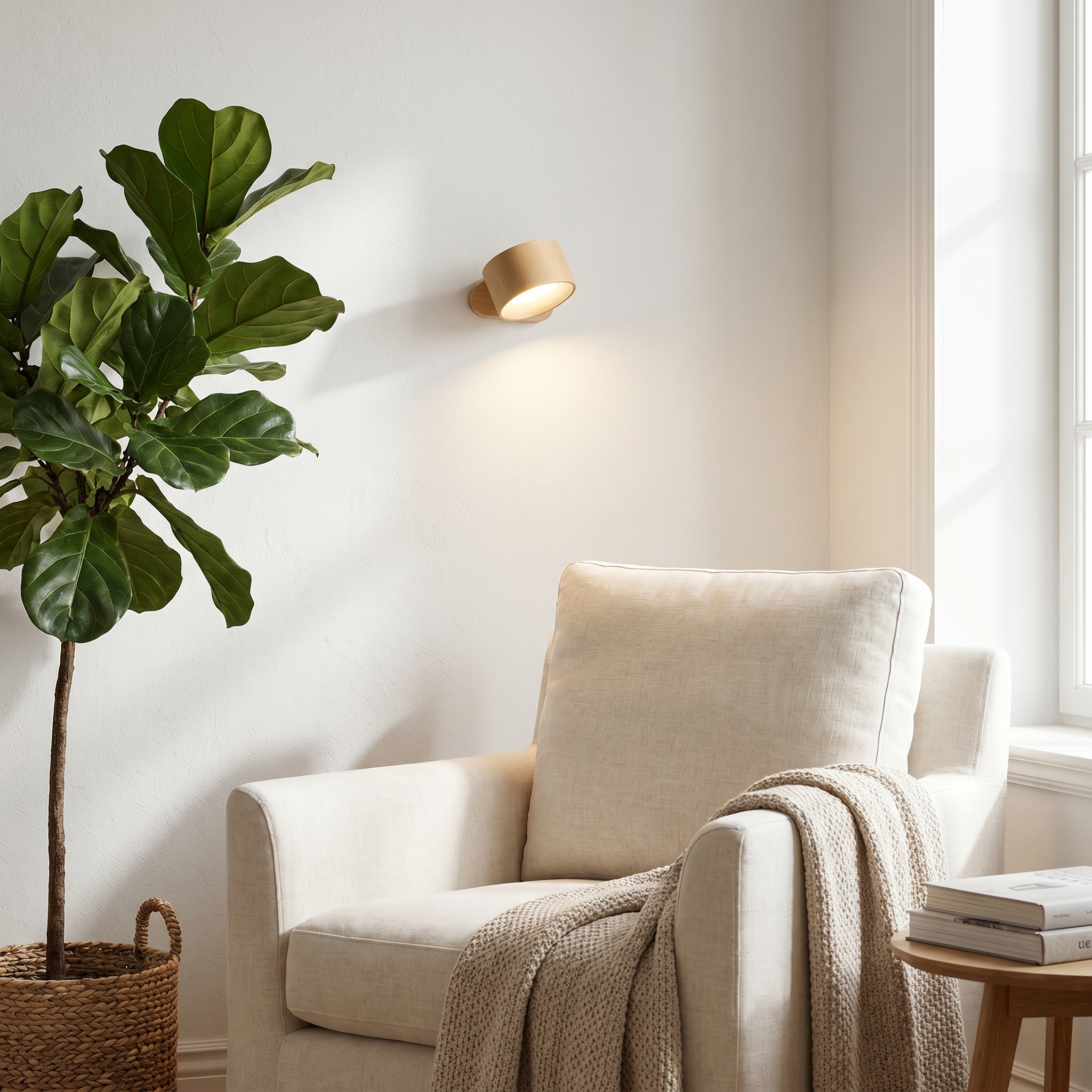 Oak Aura wall light over a cozy reading nook armchair