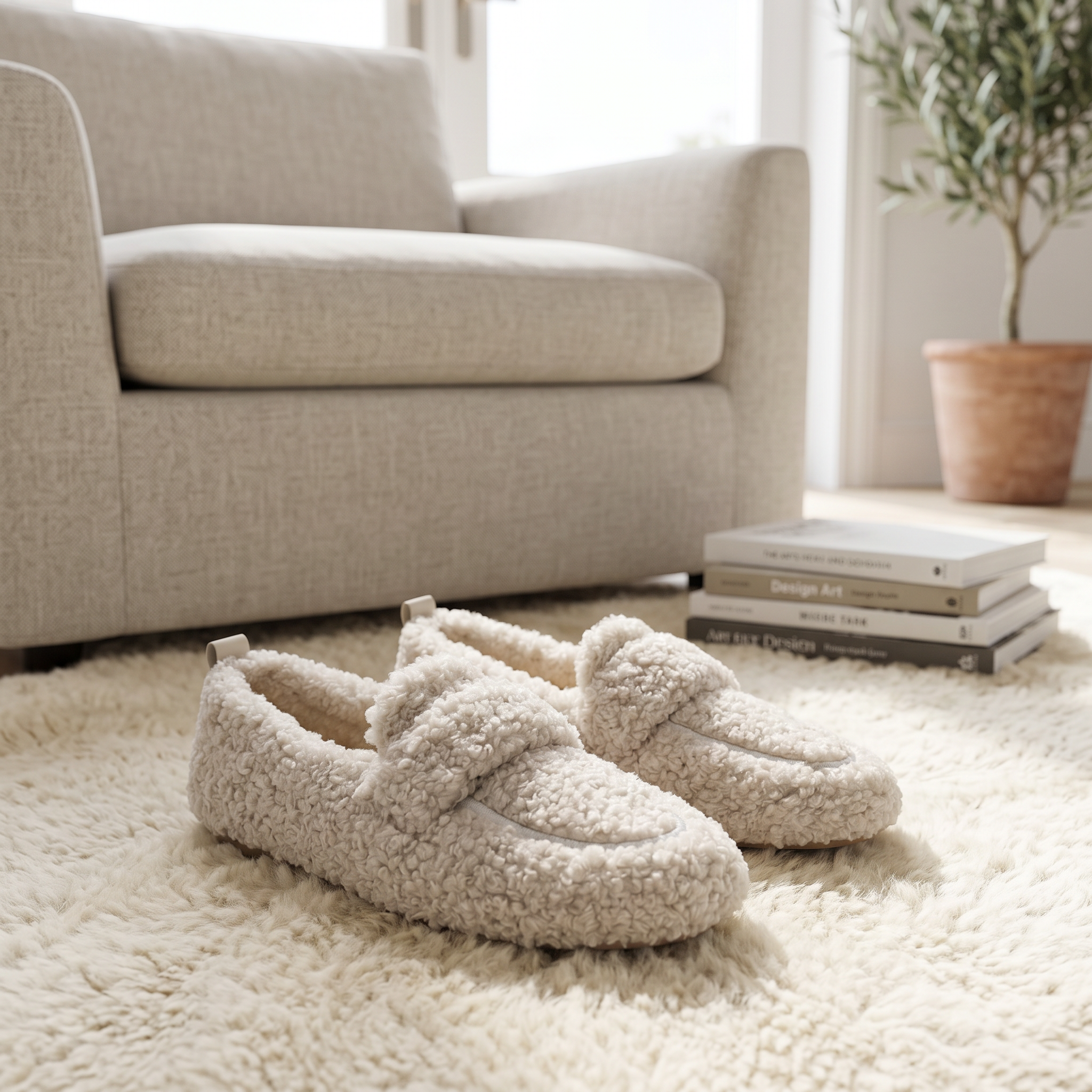 Beige plush teddy slippers on a sheepskin rug in a bright living room