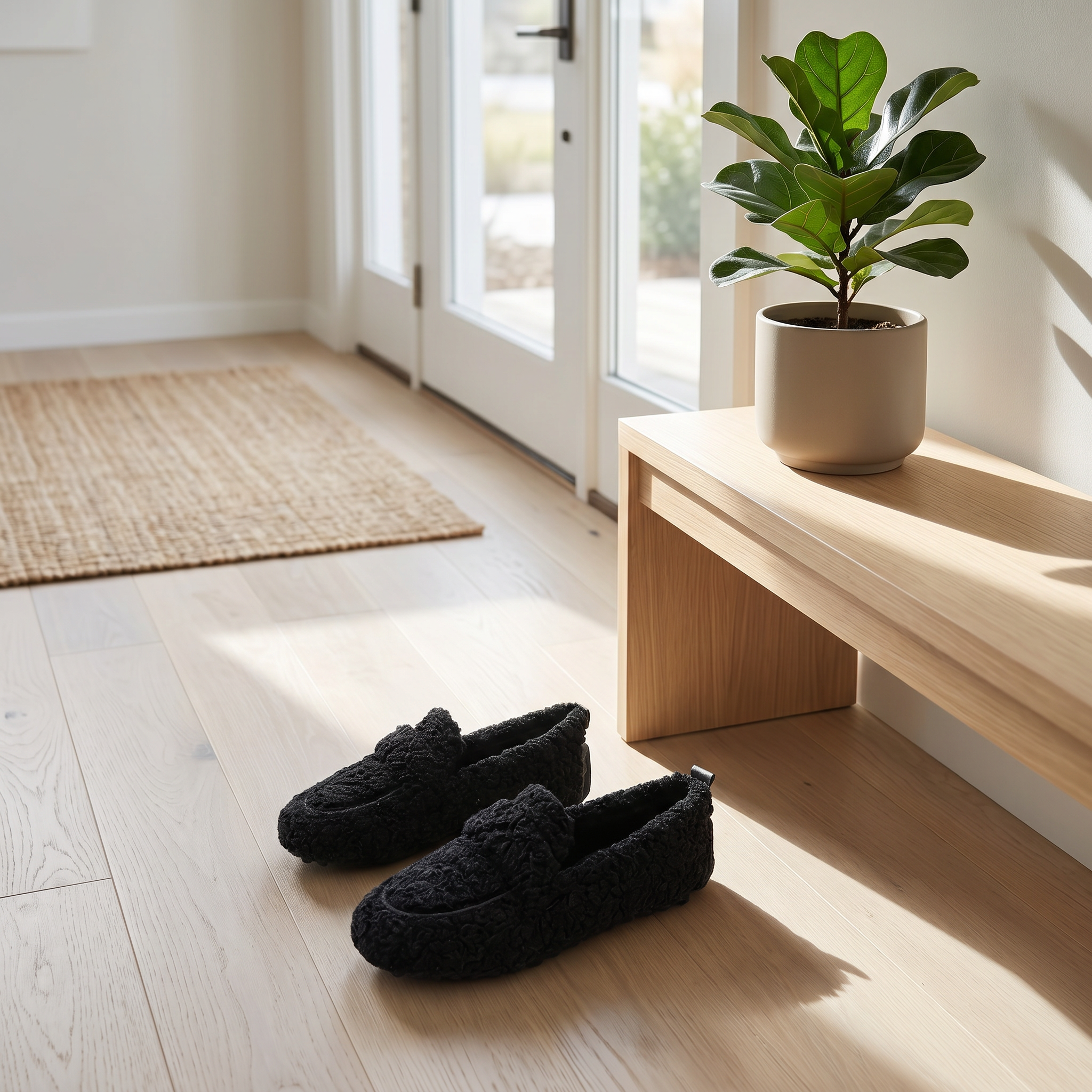 Black plush teddy slippers on oak floor in a sunlit entryway