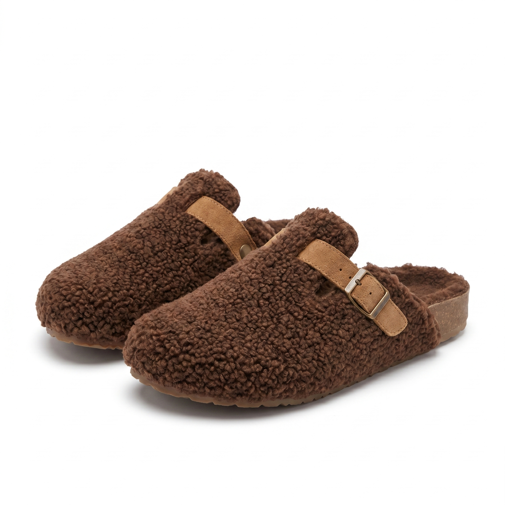 Nuvola shearling clog slippers in brown, pair on white background
