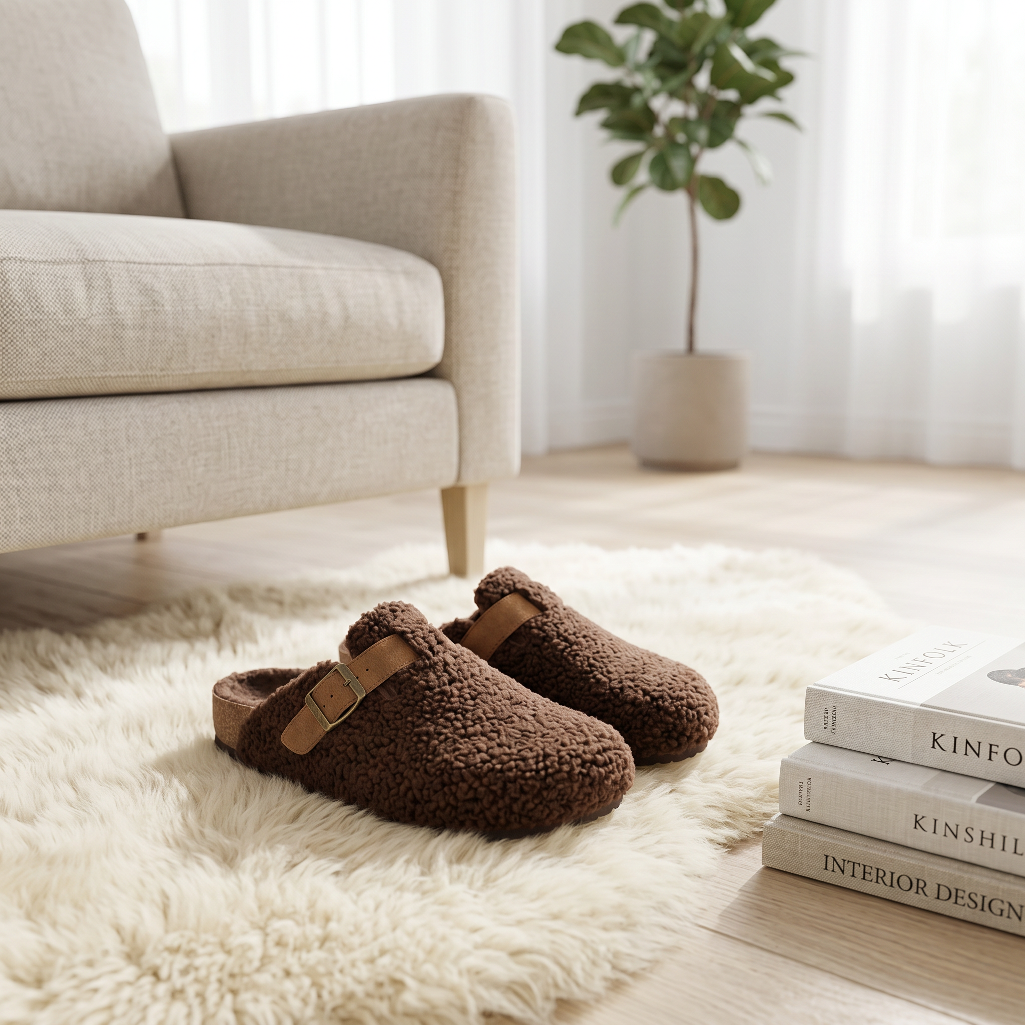 Brown shearling clog slippers on a sheepskin rug by a chair