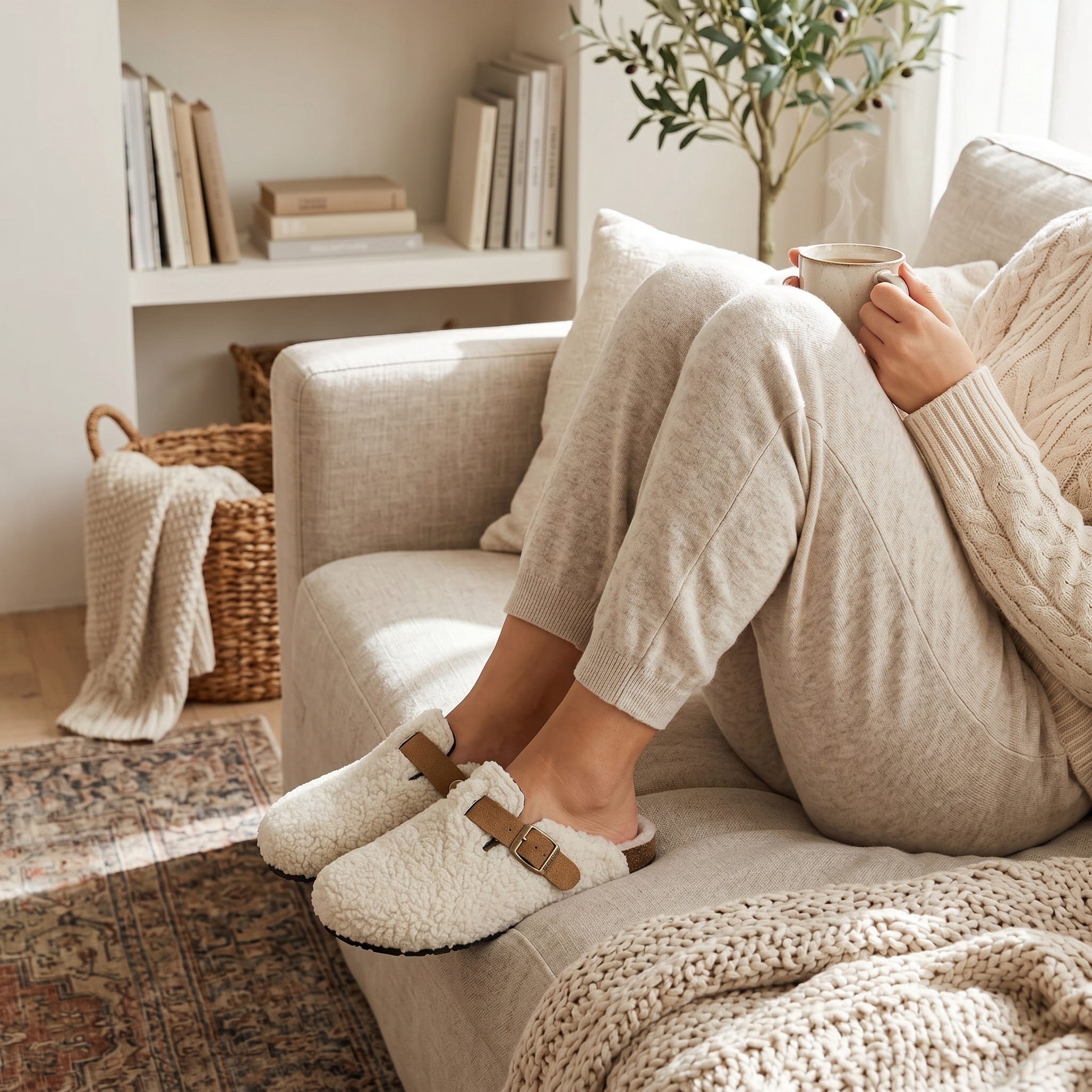 Woman wearing beige shearling clog slippers on a sofa with coffee