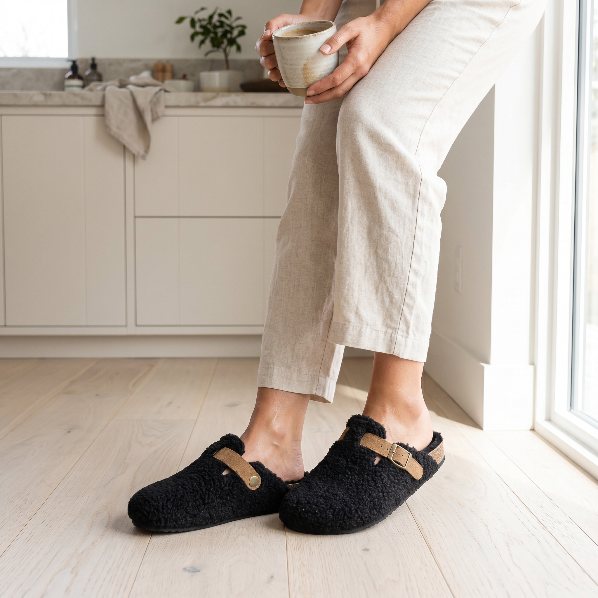 Woman wearing black shearling clog slippers in a bright kitchen