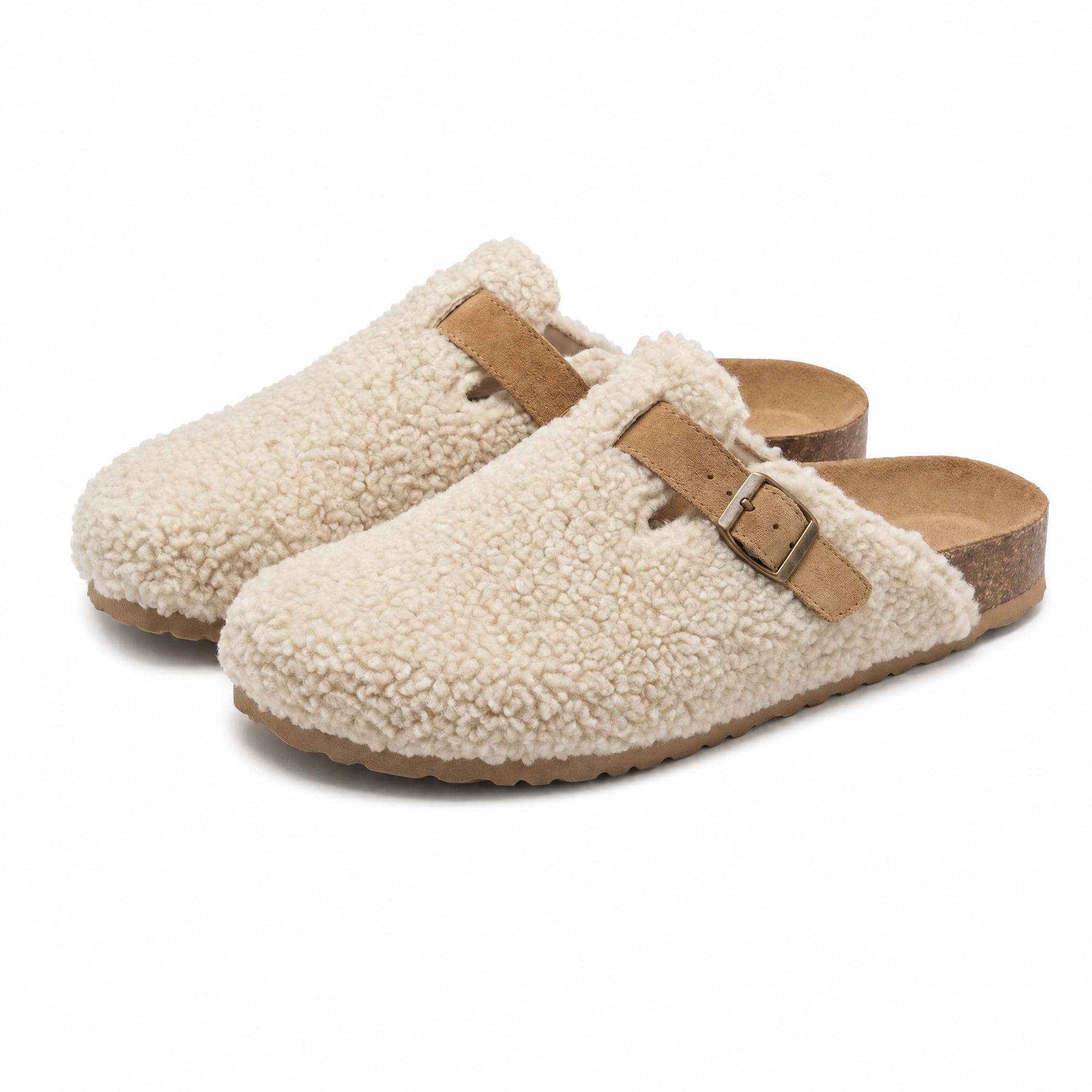 Nuvola shearling clog slippers in beige, pair on white background