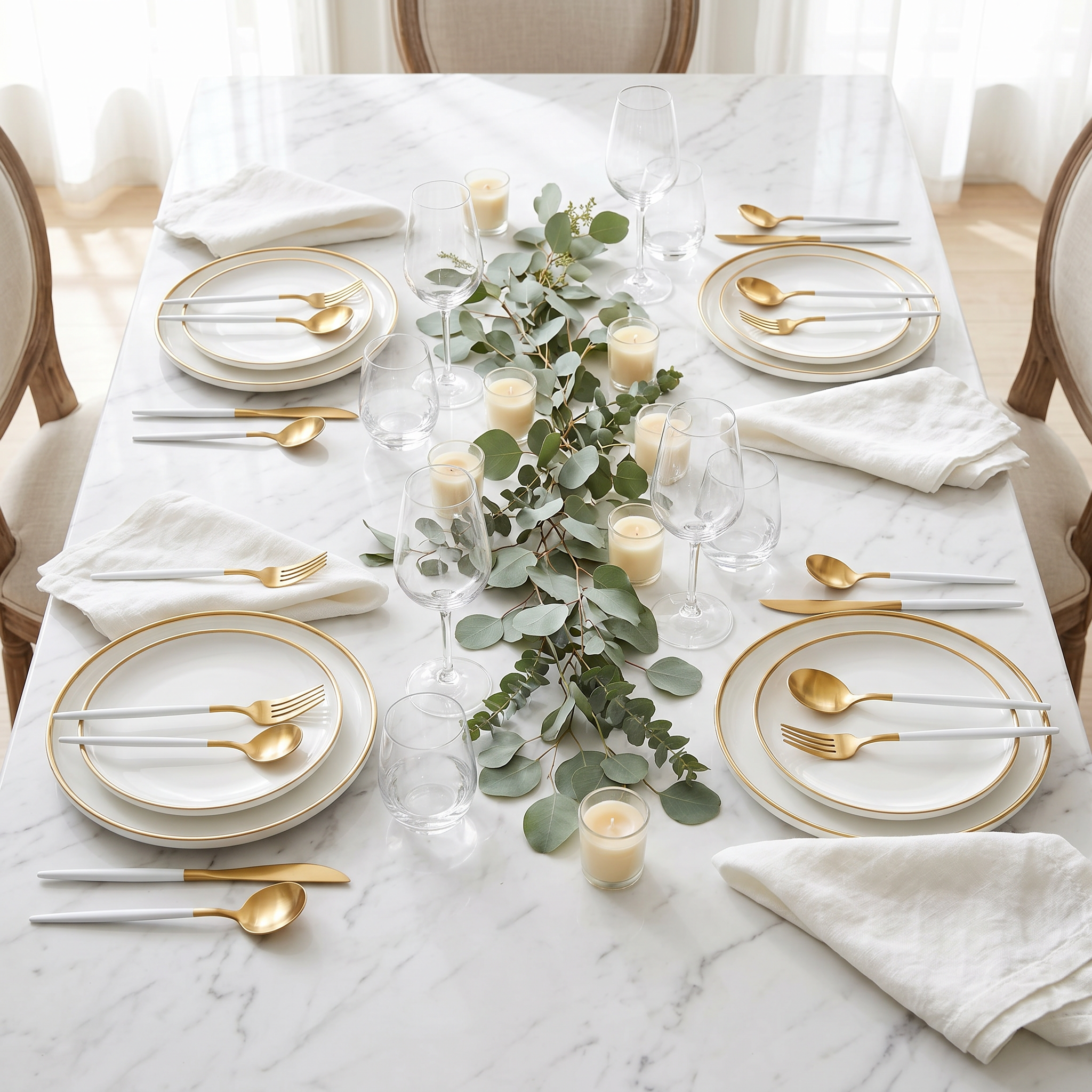 Elegant tablescape set with white and gold flatware