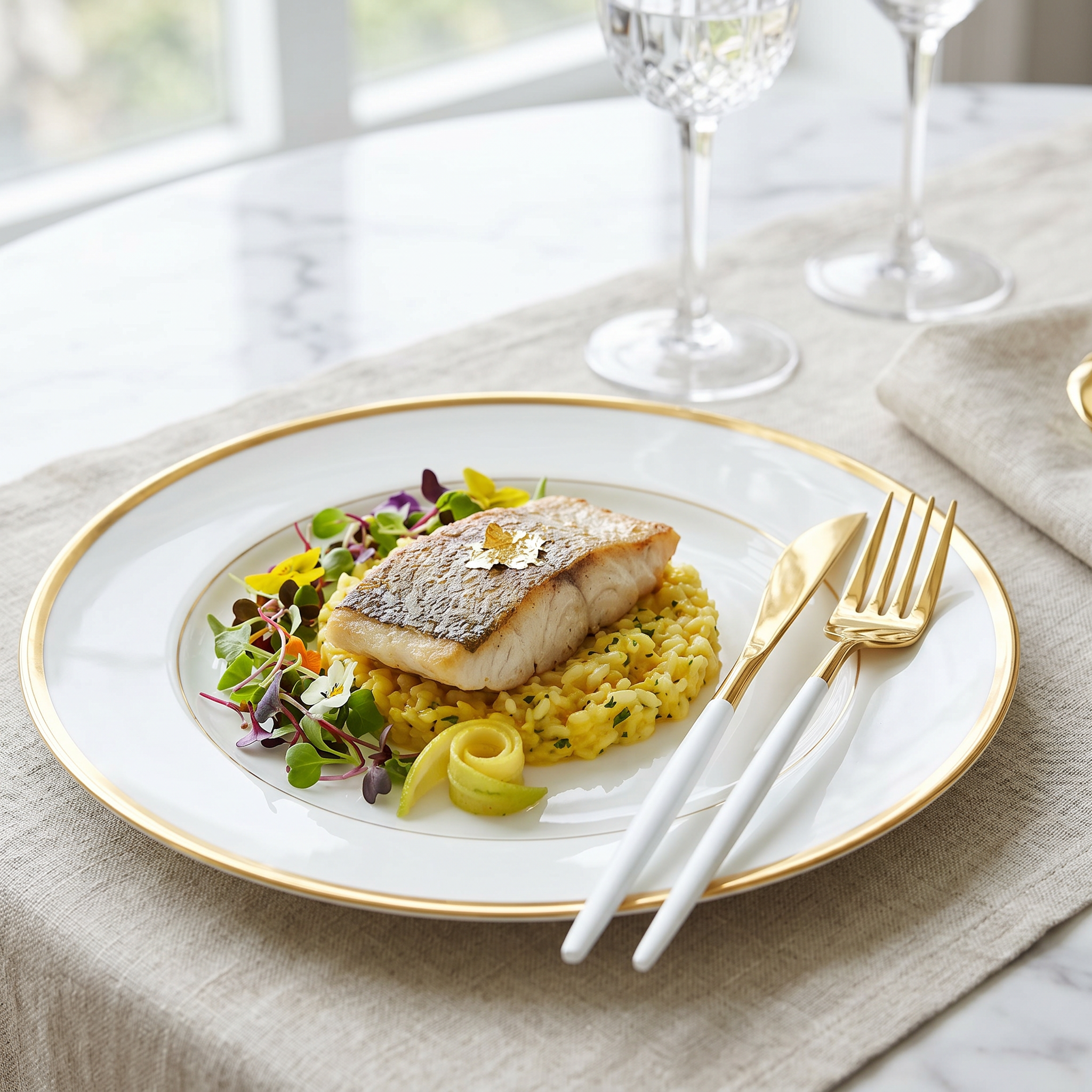 White and gold fork and knife on a plated gourmet dish