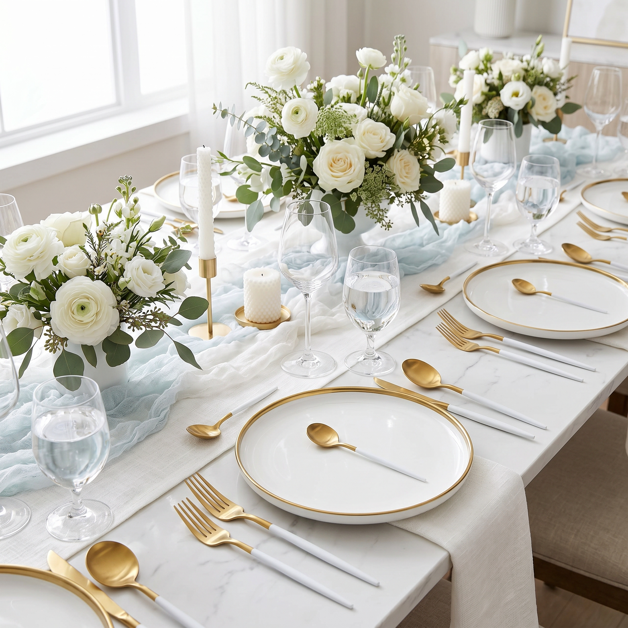 Festive celebration table set with white and gold cutlery