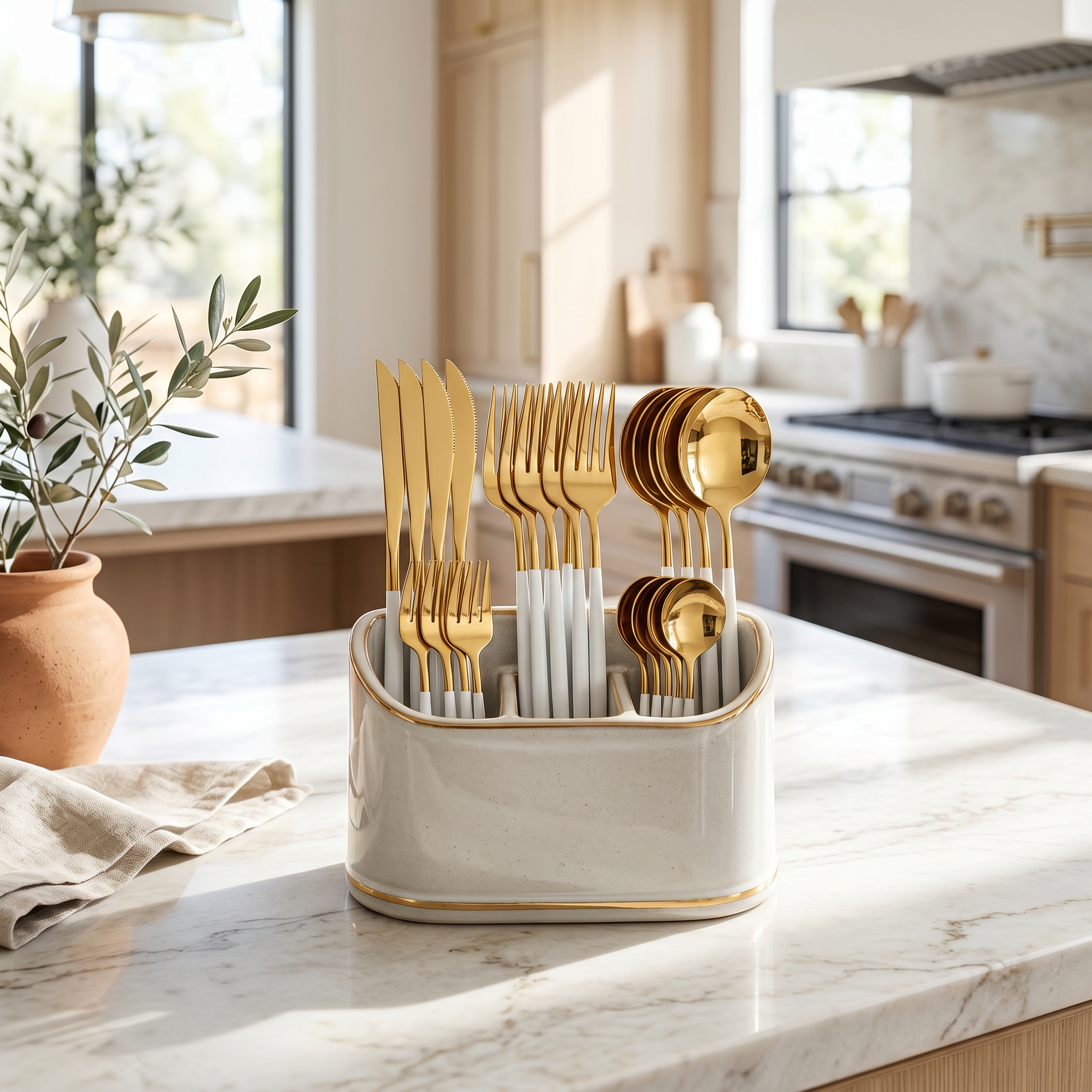 White and gold cutlery in a ceramic caddy on a kitchen counter