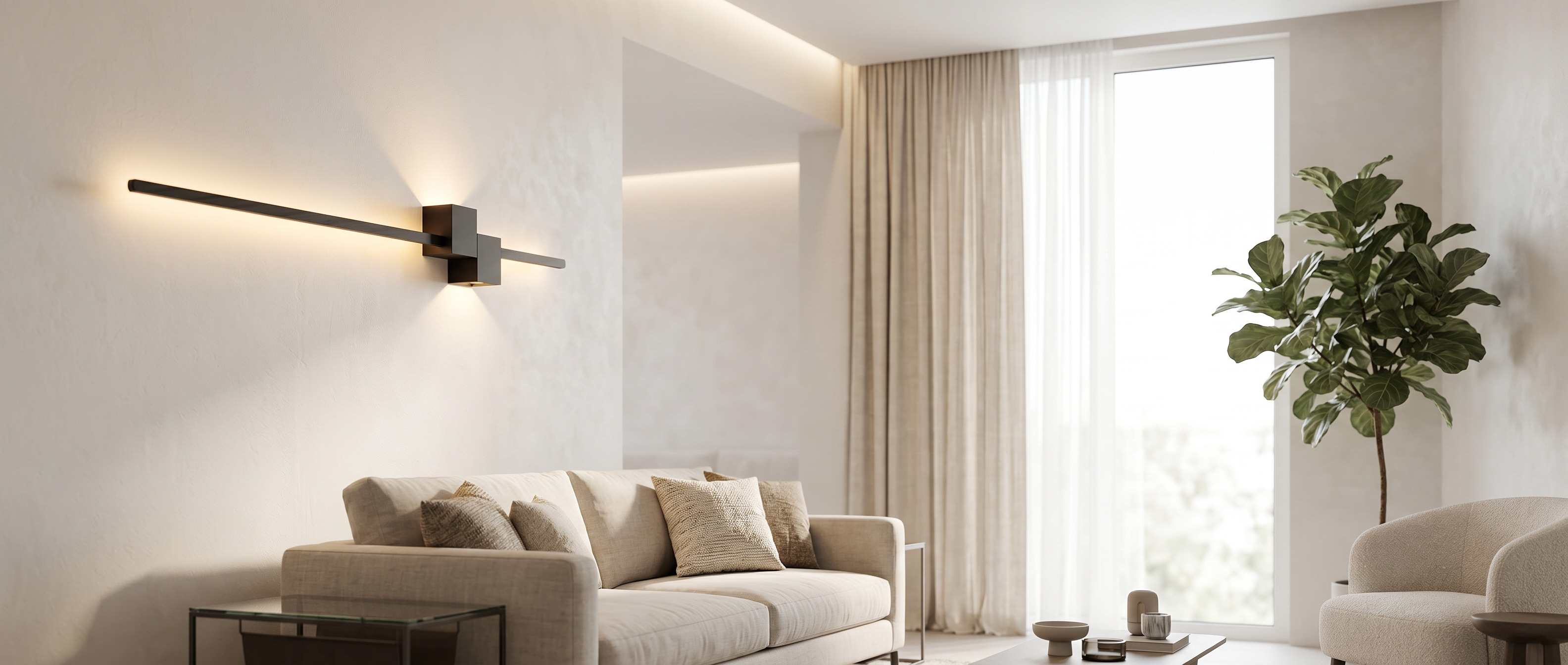 Filo linear LED wall light glowing in a bright living room banner