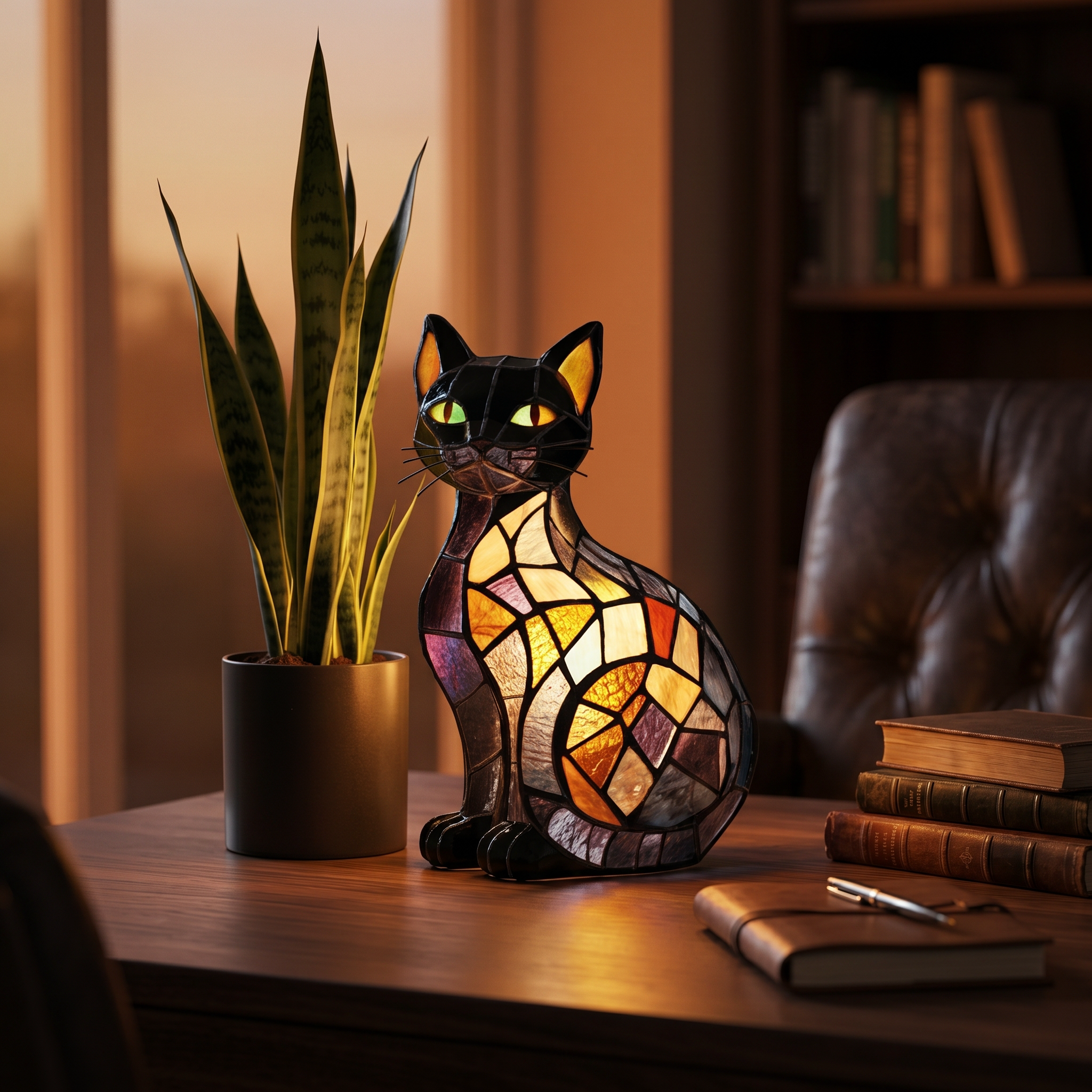 Stained glass cat lamp glowing on a study desk in the evening