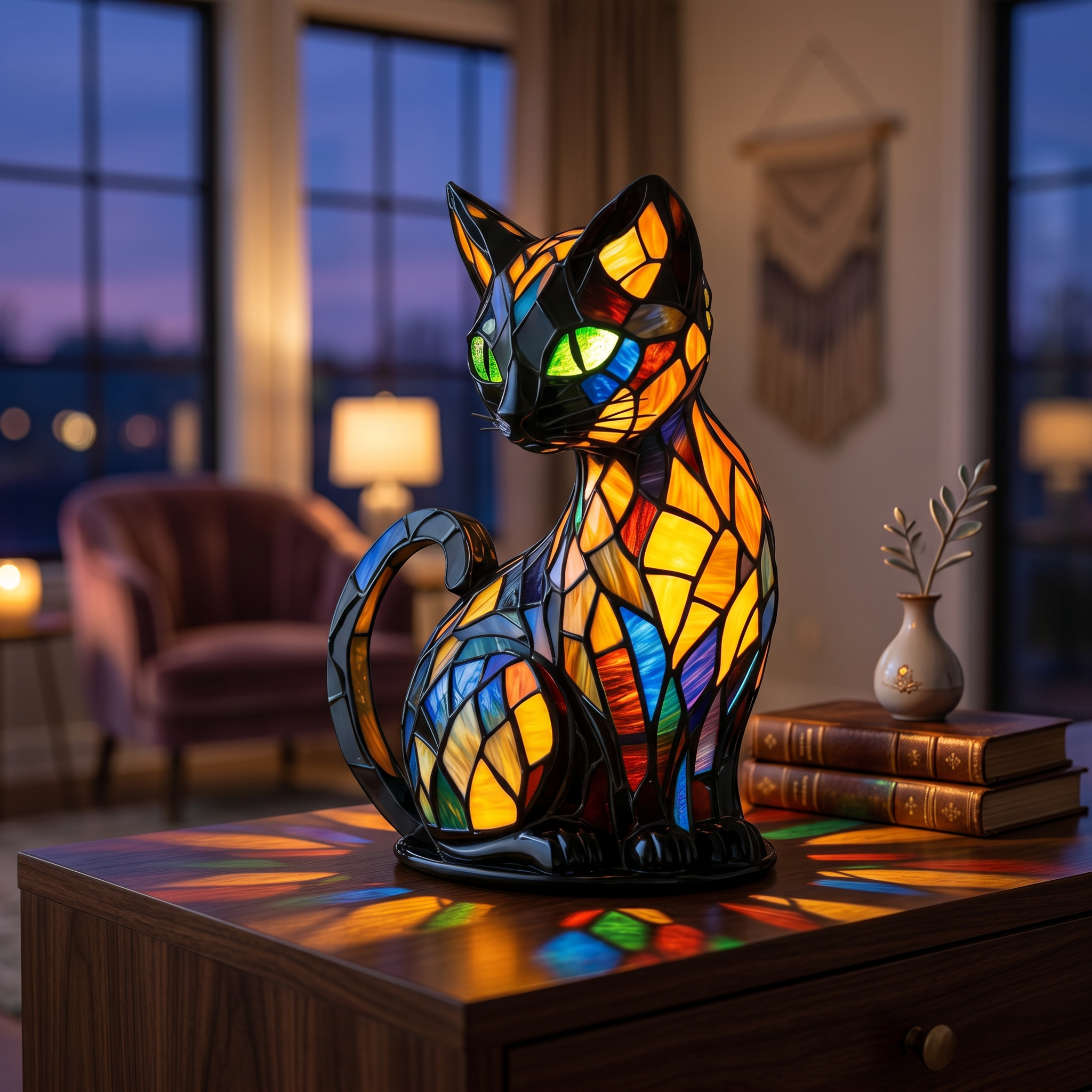 Stained glass cat lamp casting colourful light on a console table