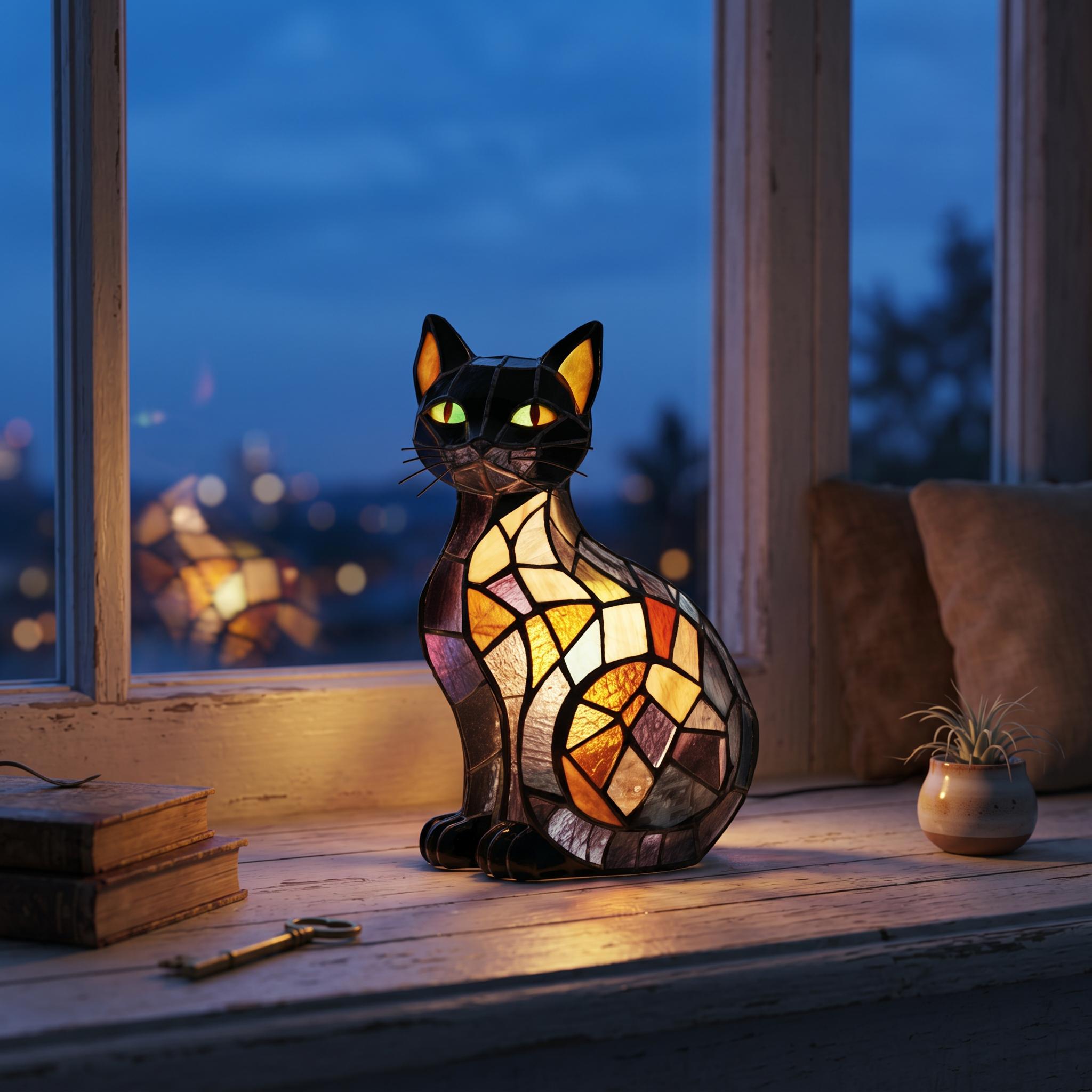 Stained glass cat lamp glowing on a windowsill at blue hour
