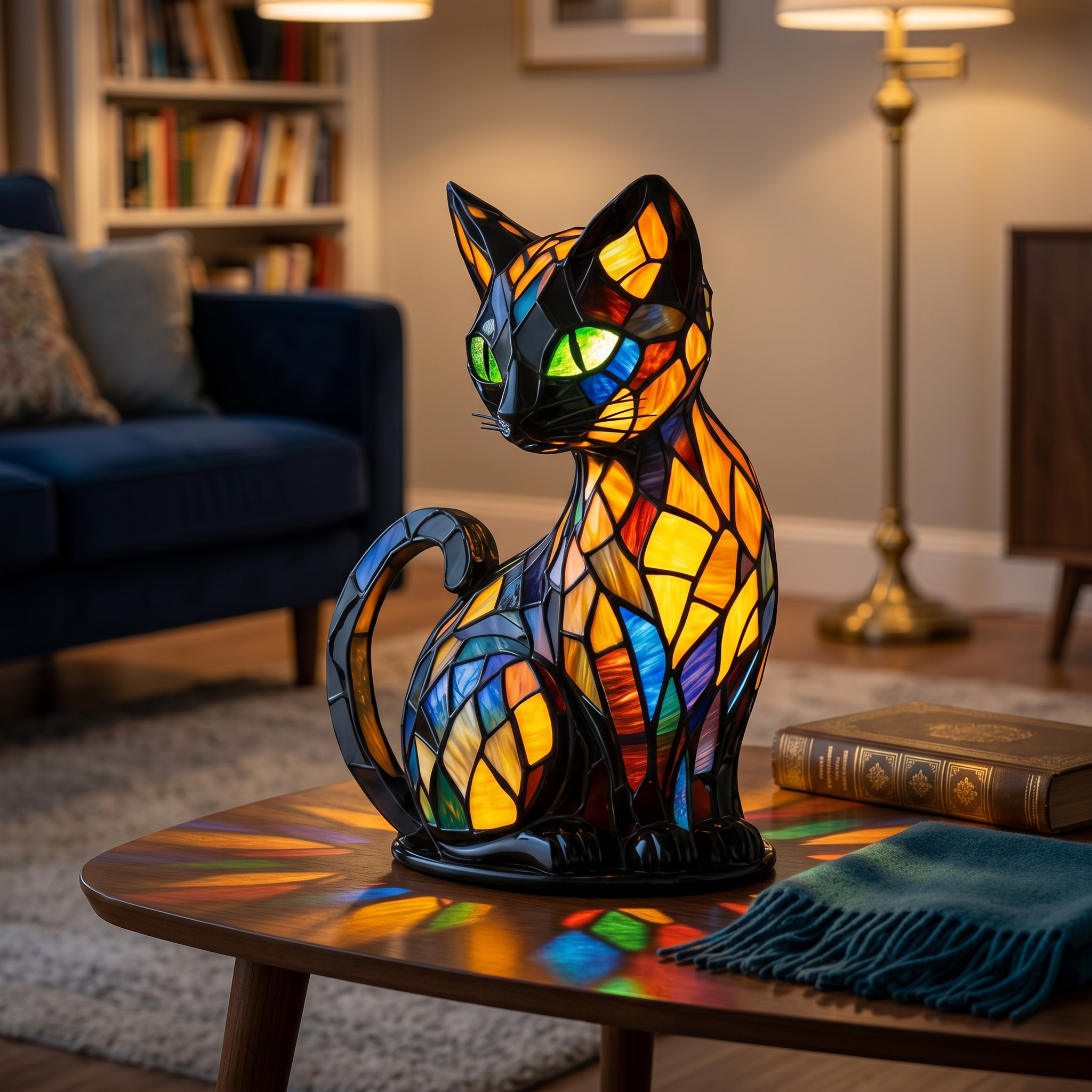 Stained glass cat lamp glowing on a coffee table in a cozy living room