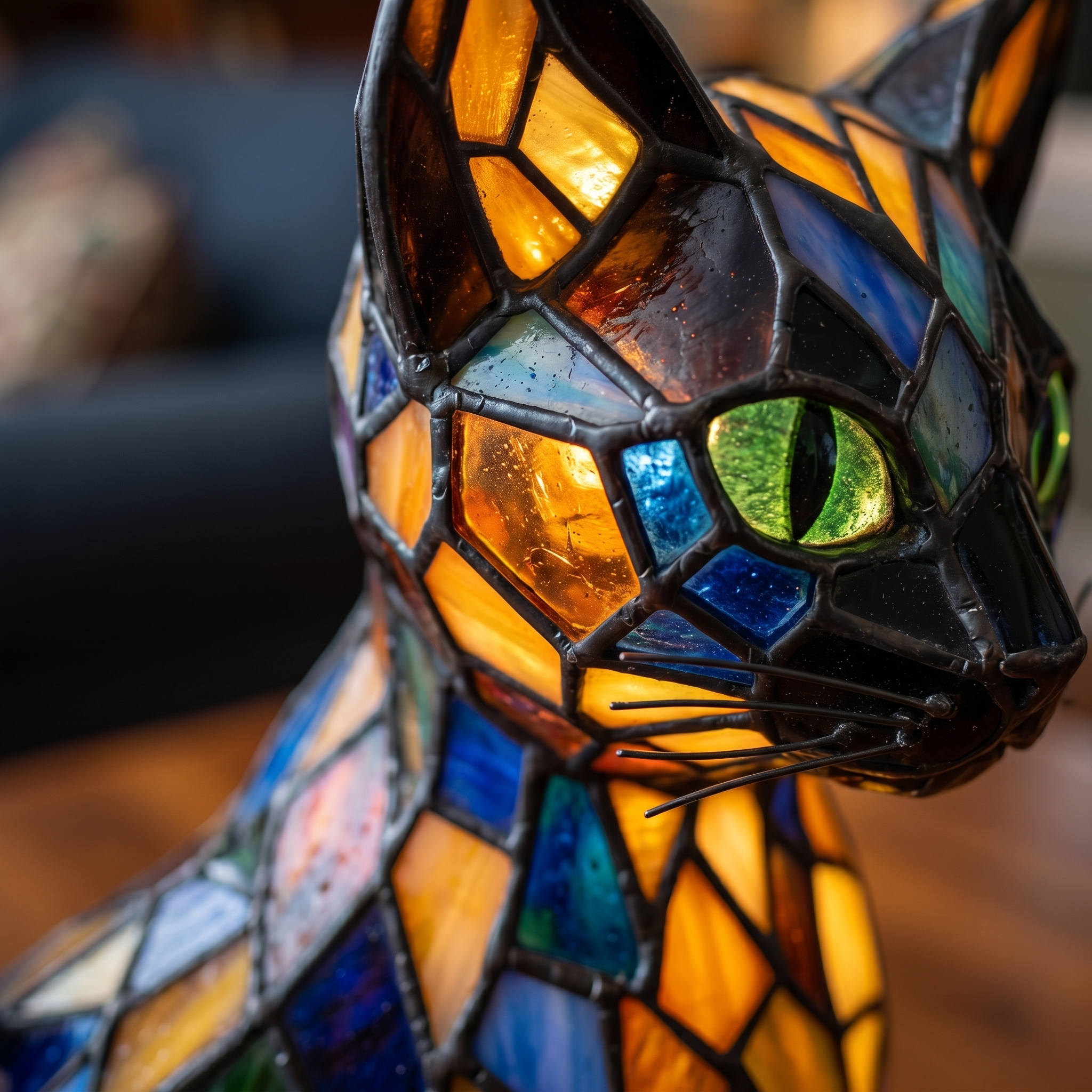 Close-up of the glowing stained glass facets of the cat lamp