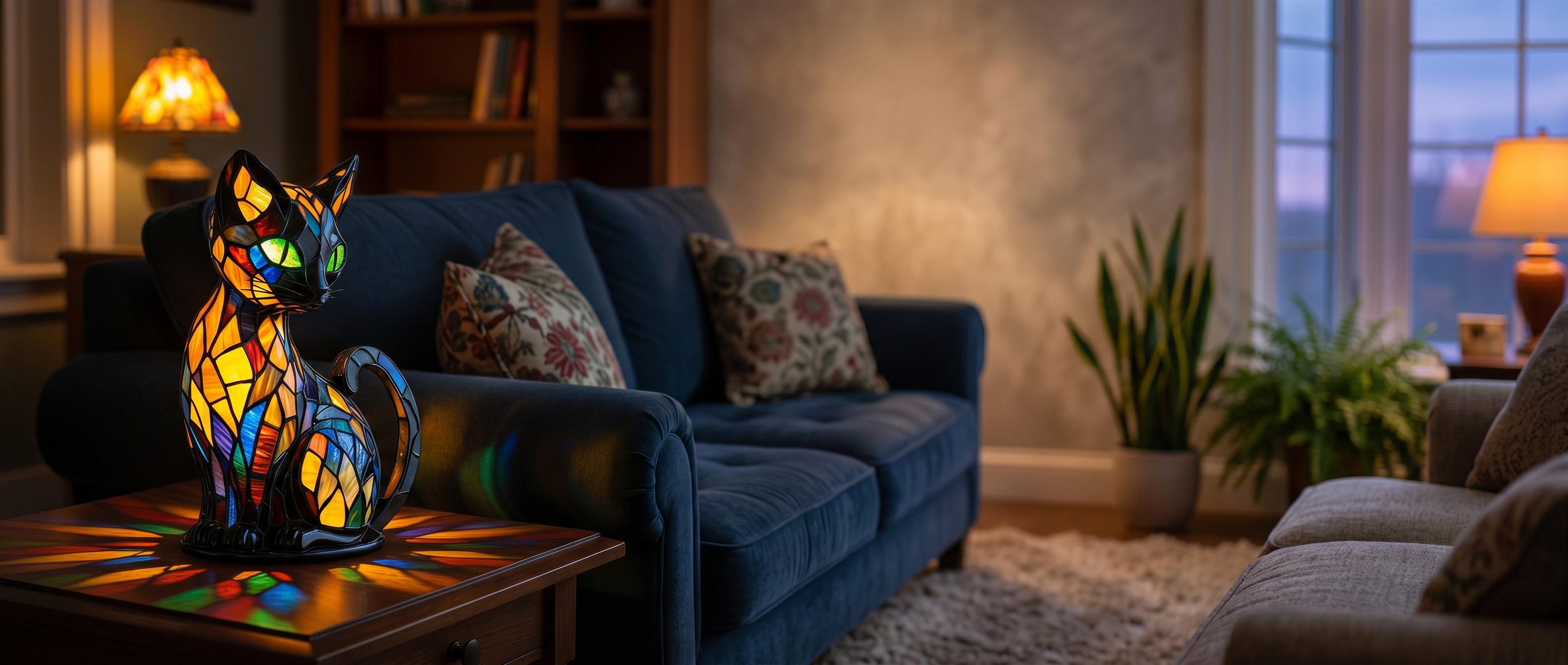 Gattina stained glass cat lamp glowing in a cozy living room banner