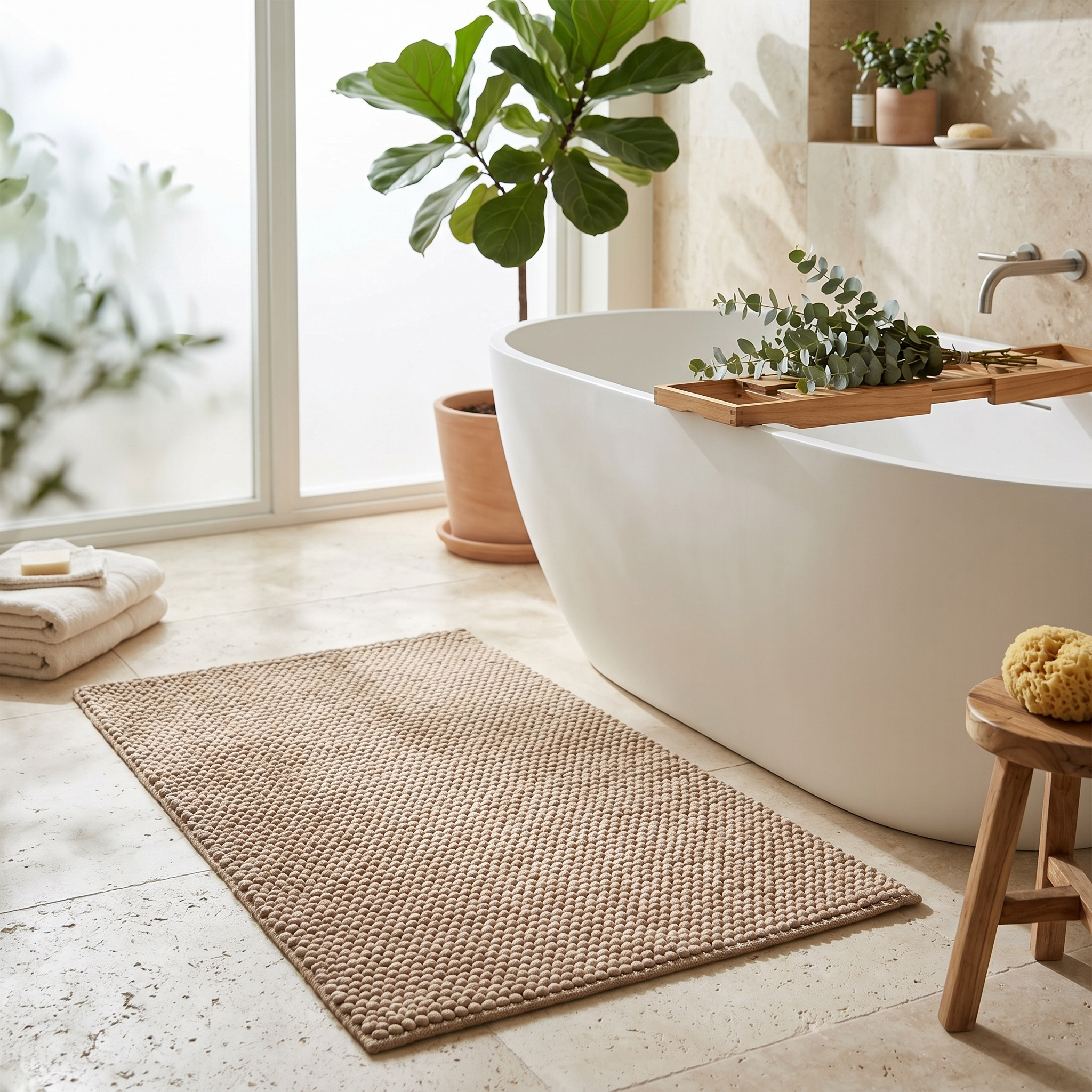 Beige woven bath mat beside a freestanding tub in a bright bathroom