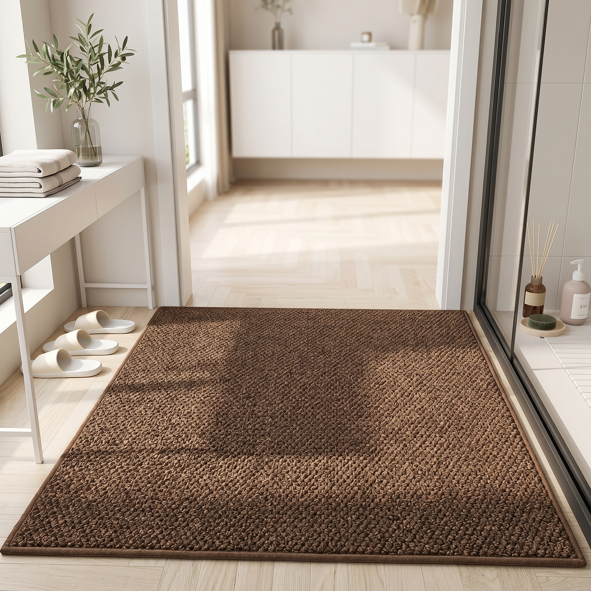 Coffee woven mat in a bright elegant entryway