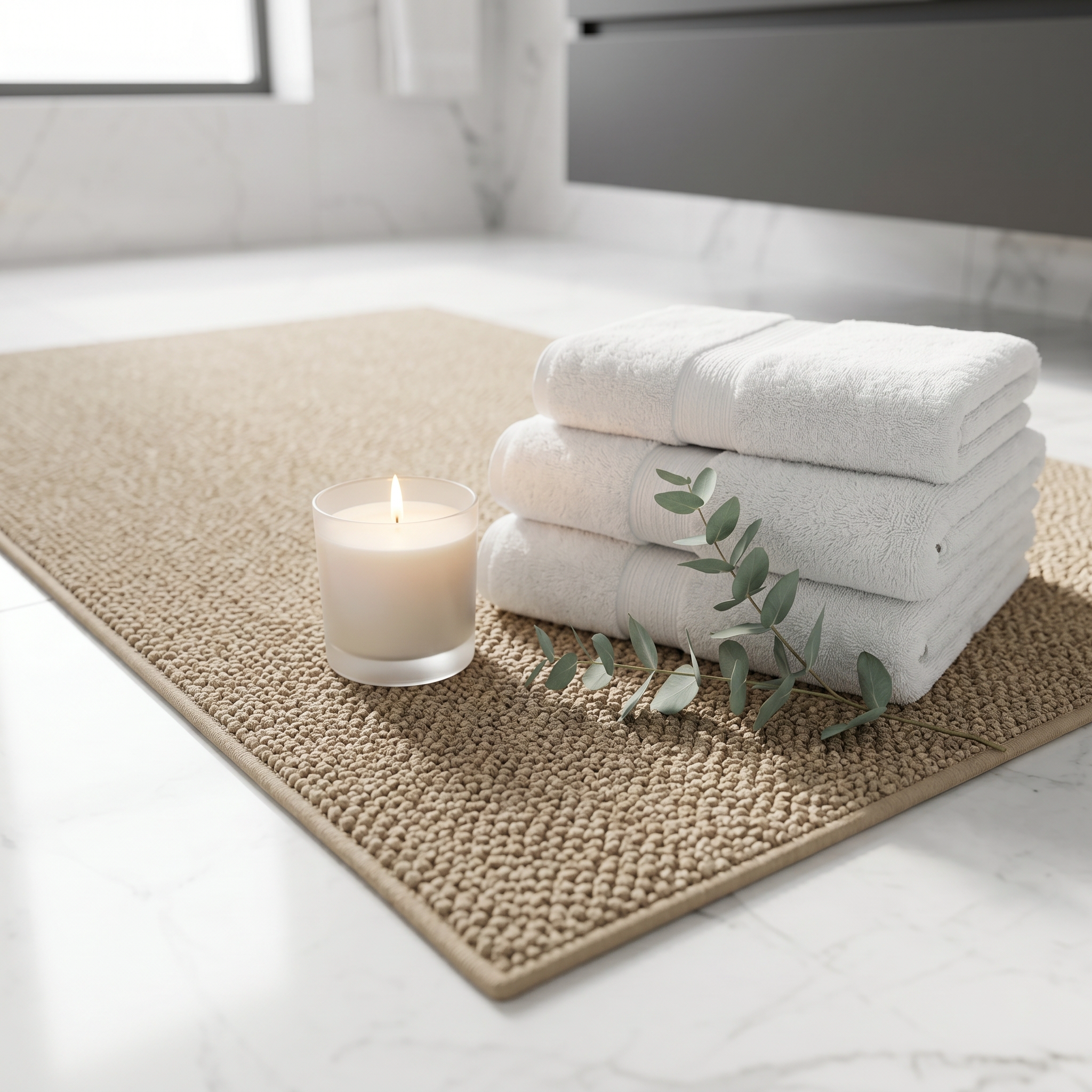 Beige woven bath mat styled with folded towels, a candle and eucalyptus