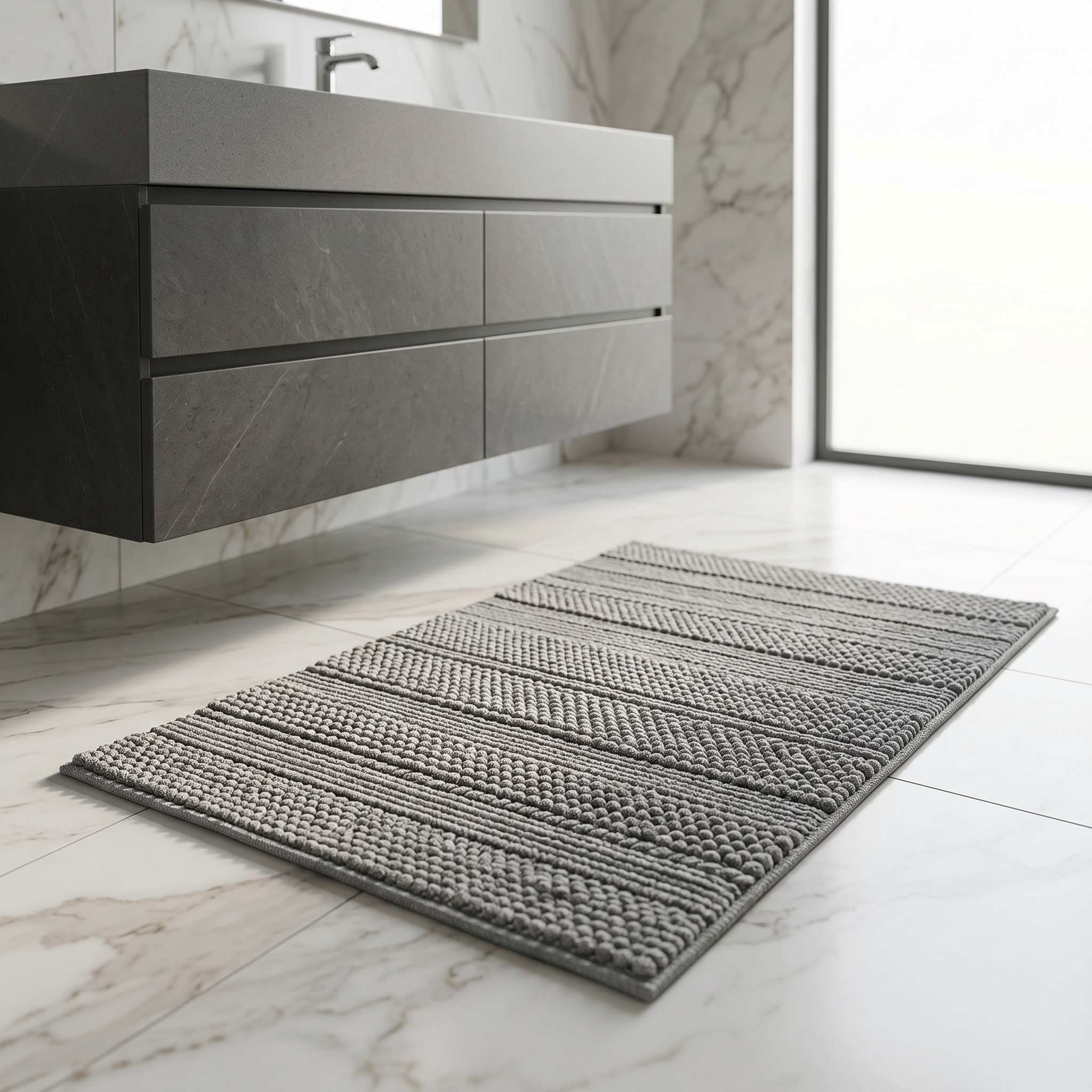 Gray woven bath mat in a bright marble bathroom by a vanity