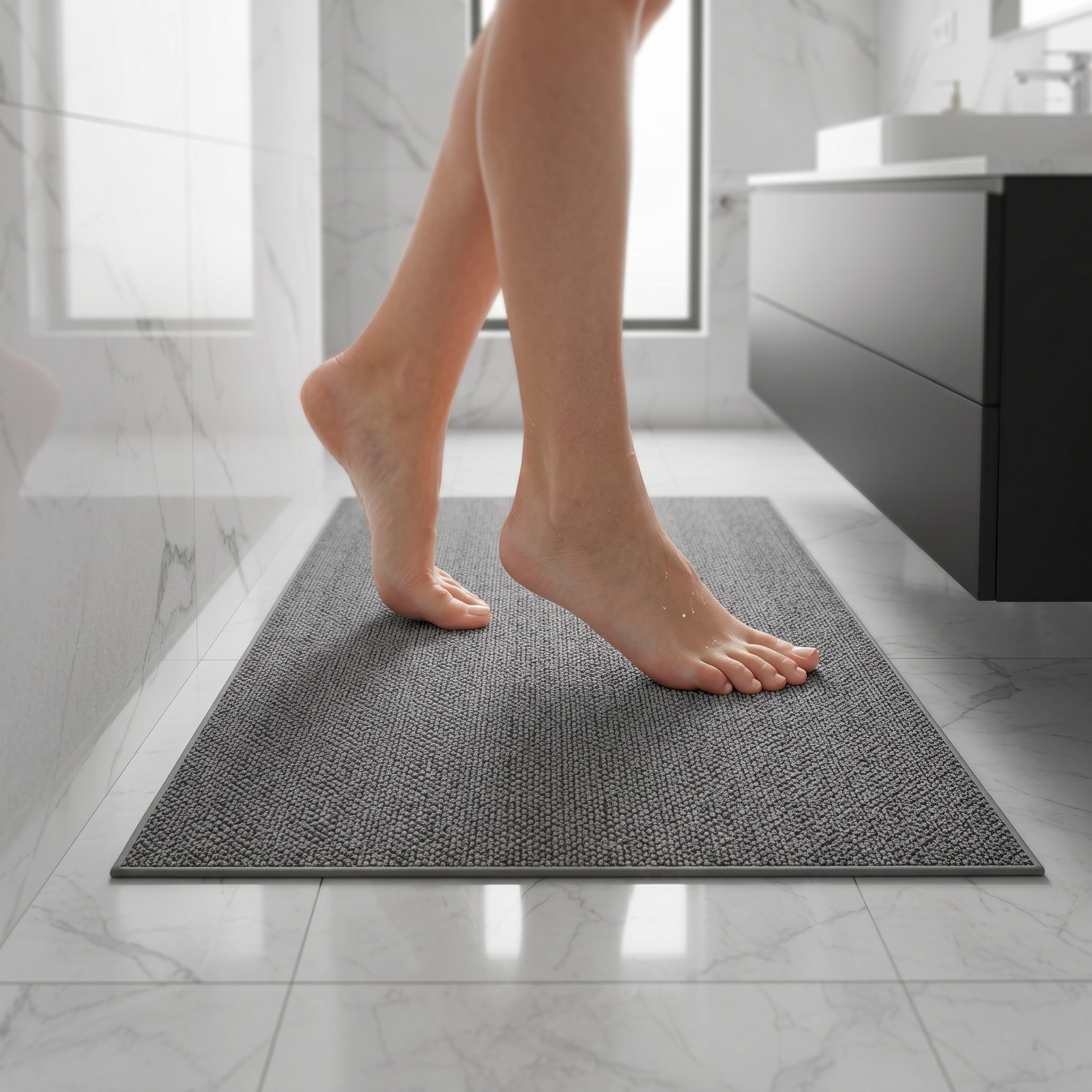 Bare feet stepping onto a gray woven bath mat in a bright bathroom