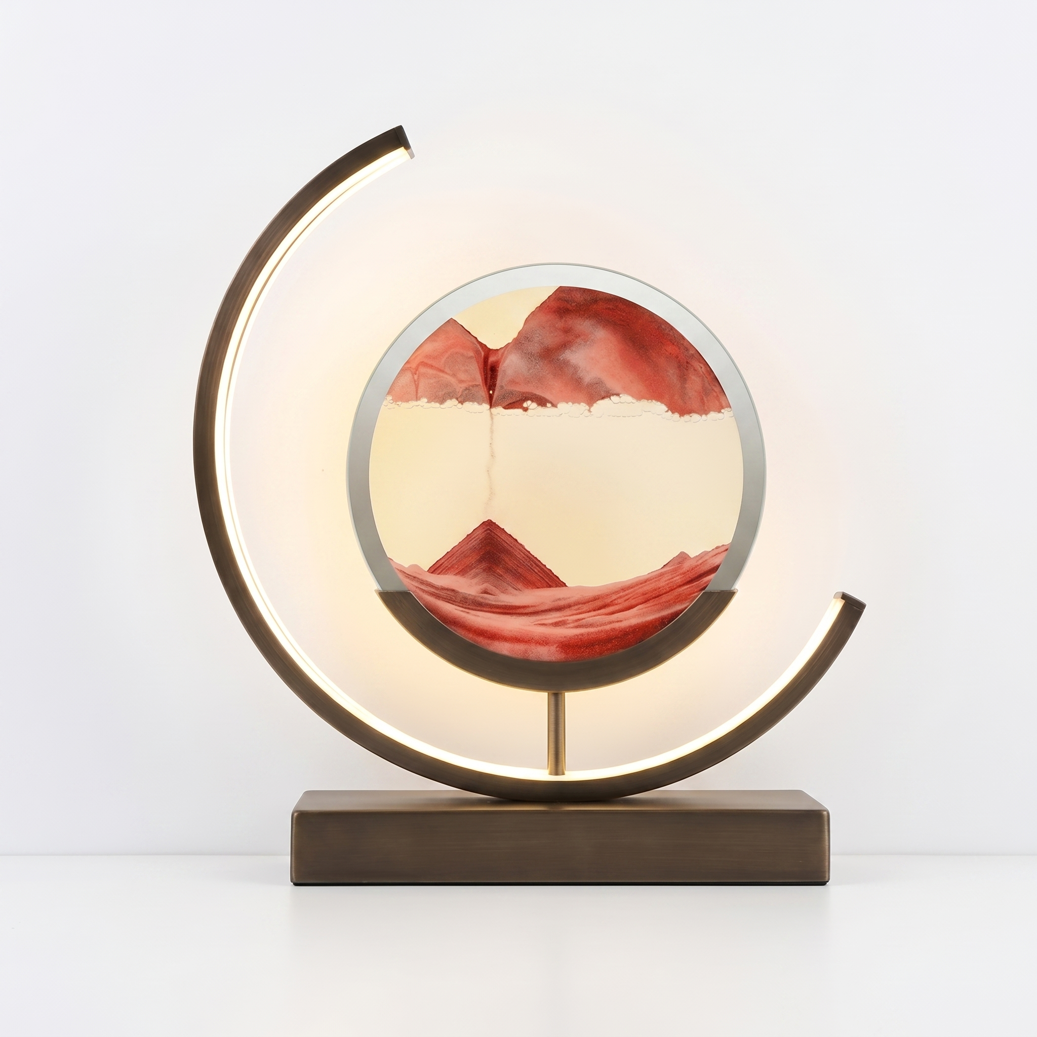 Duna moving sand art lamp with red sandscape, glowing, on white