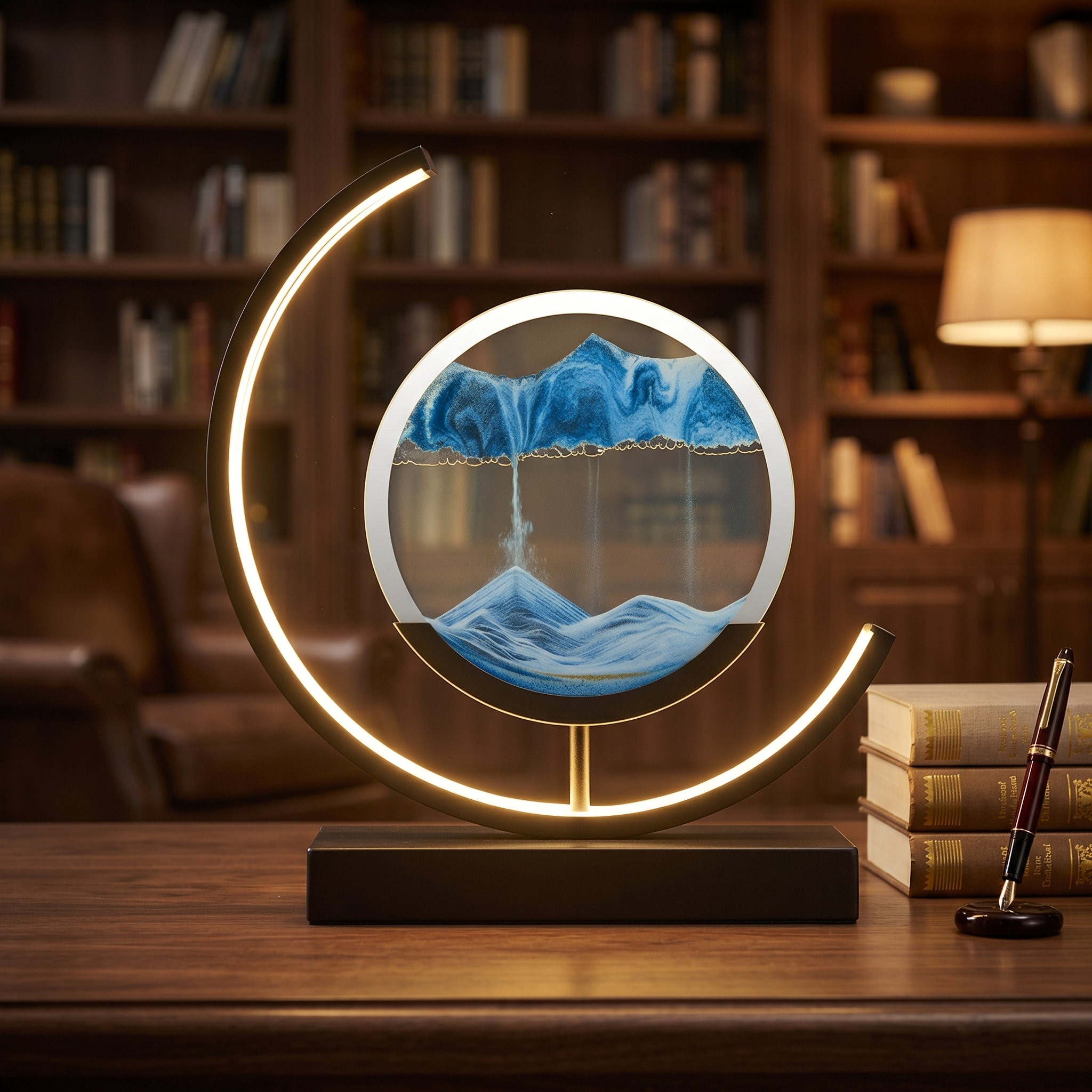 Blue sand art lamp glowing on a study desk in the evening