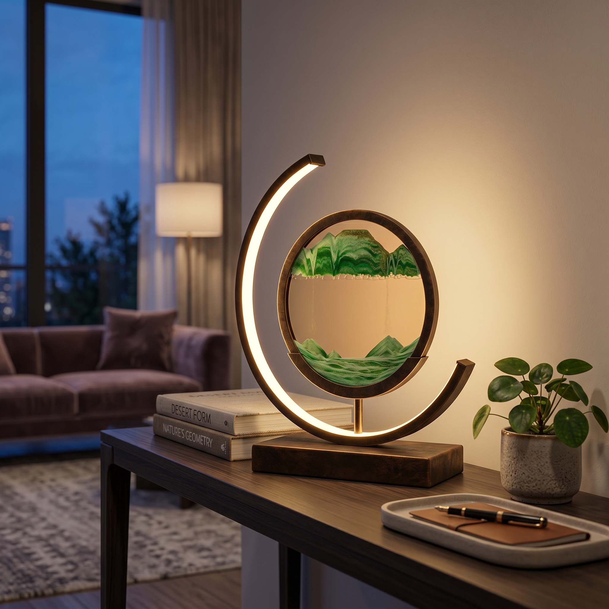 Green sand art lamp glowing on a console table at twilight