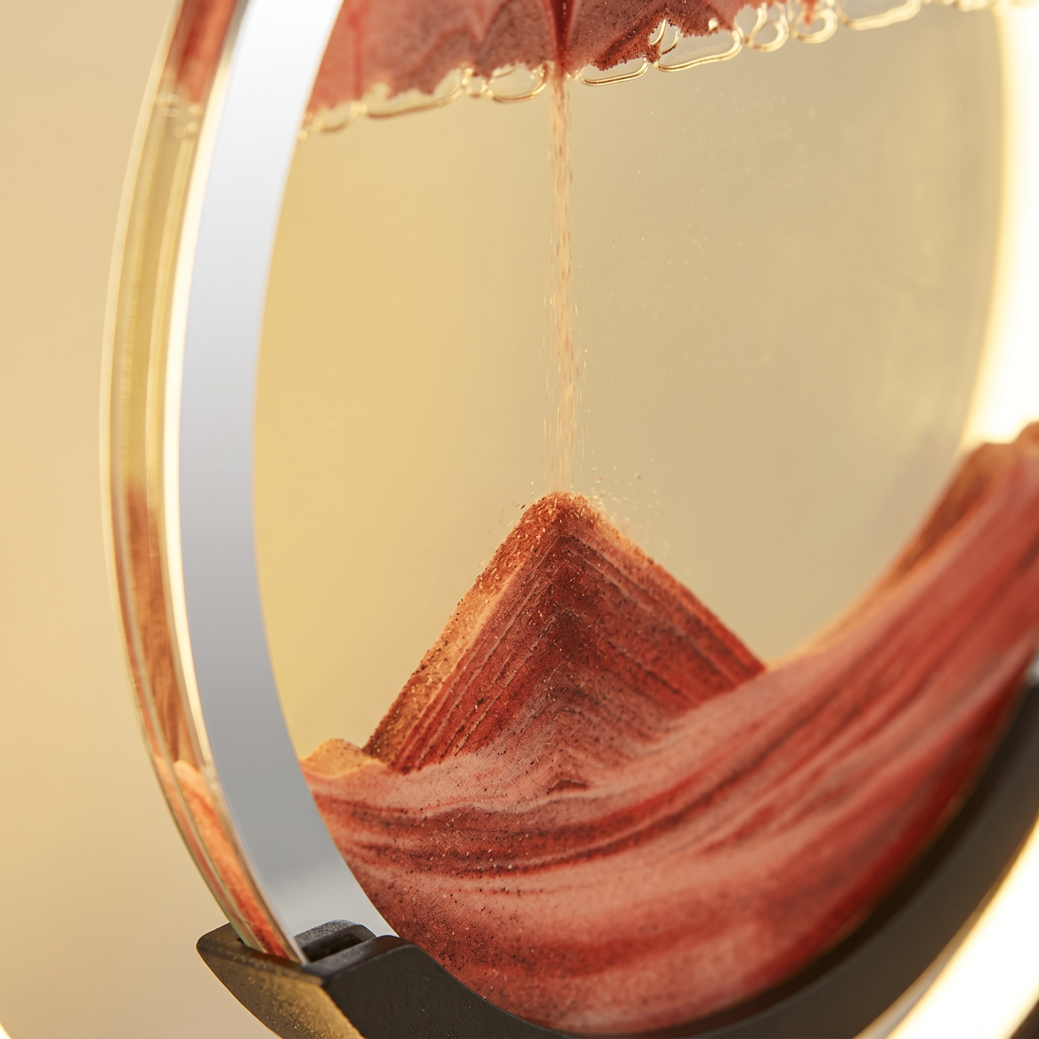 Close-up of the falling sand forming dunes inside the glass disc