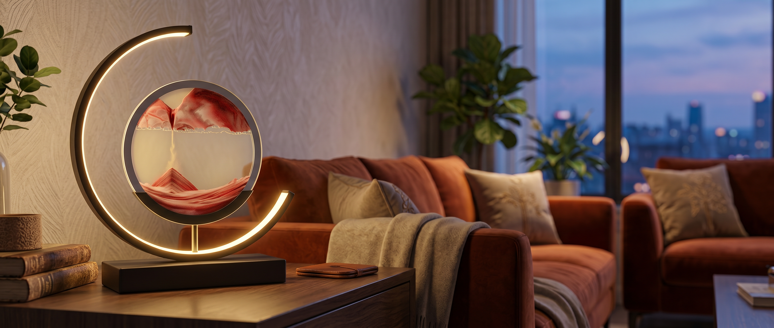 Duna sand art lamp glowing in a cozy living room banner