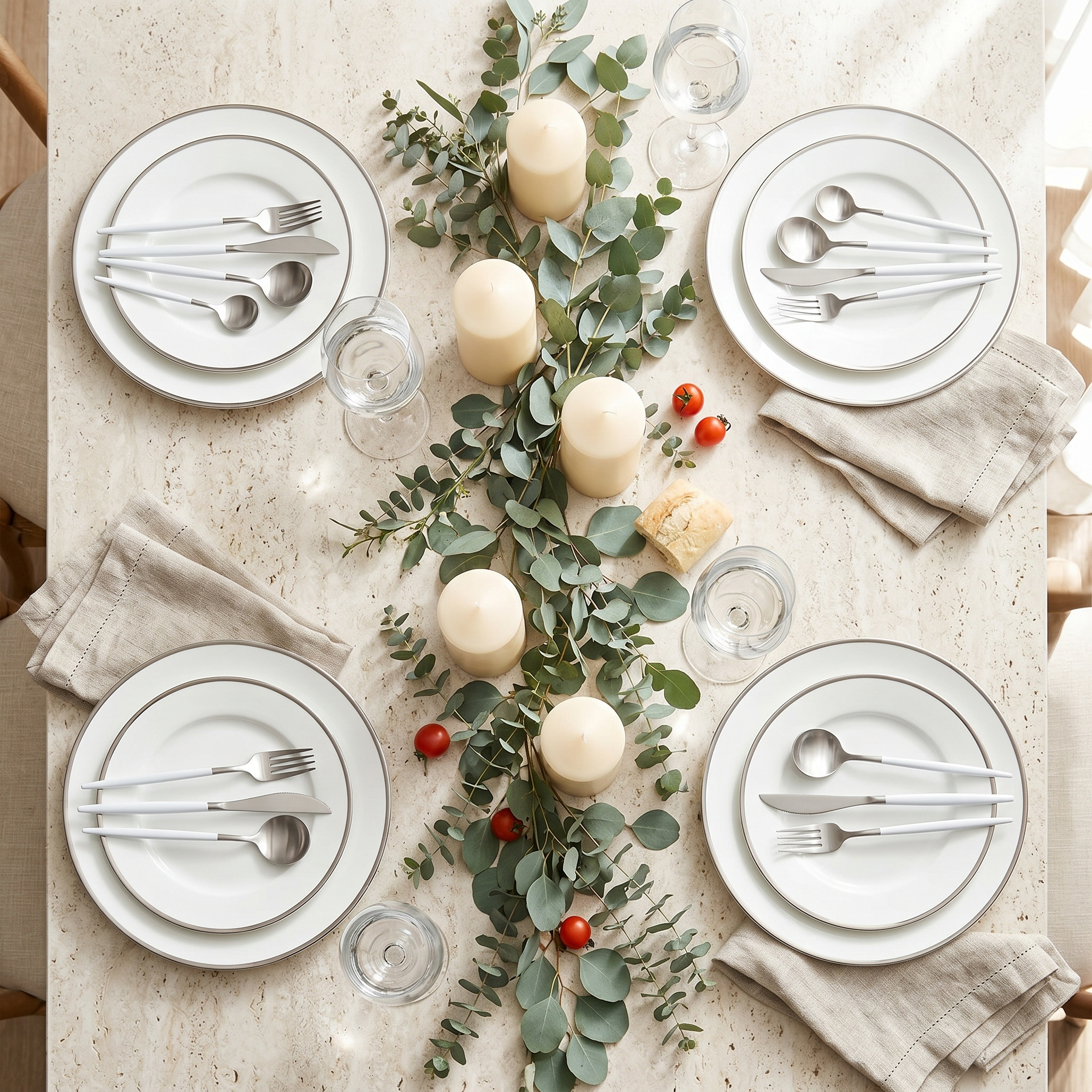 Elegant tablescape set with white and silver flatware