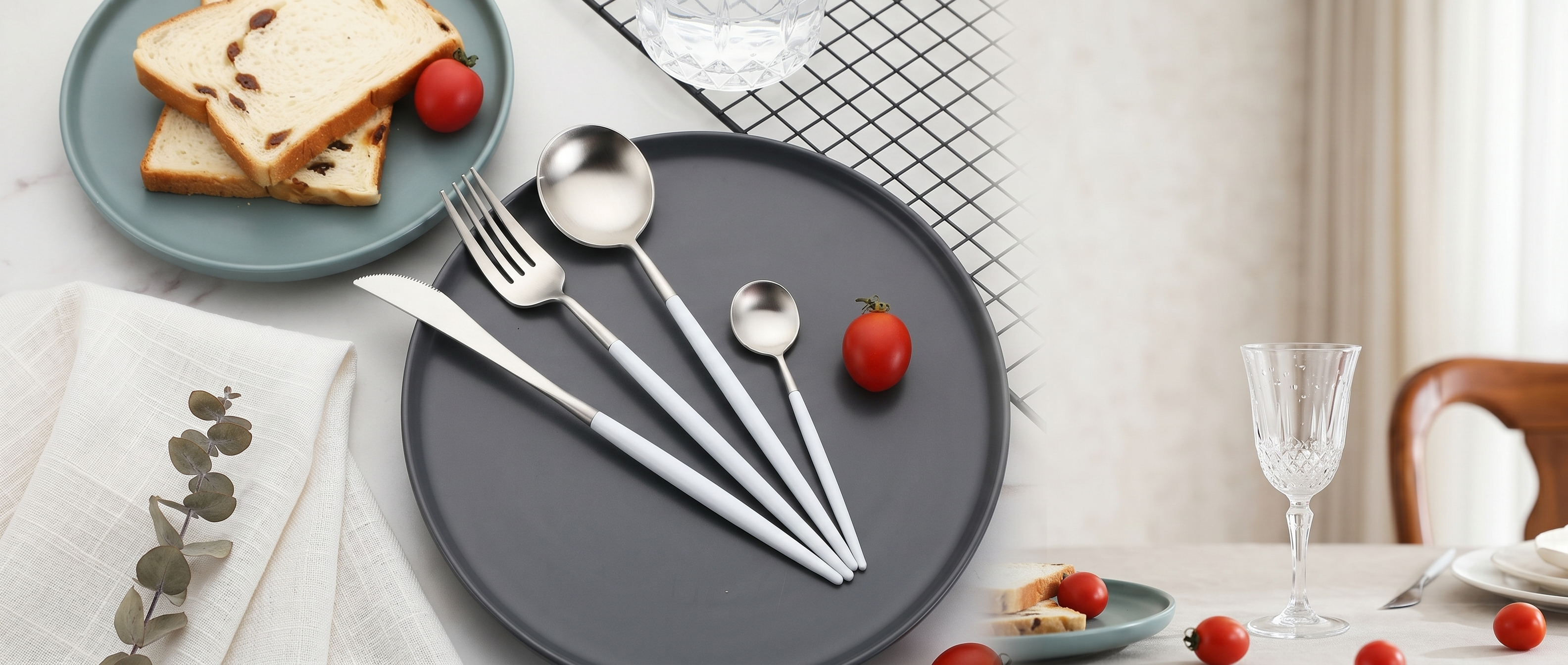 Argenta white and silver cutlery elegant dining table banner