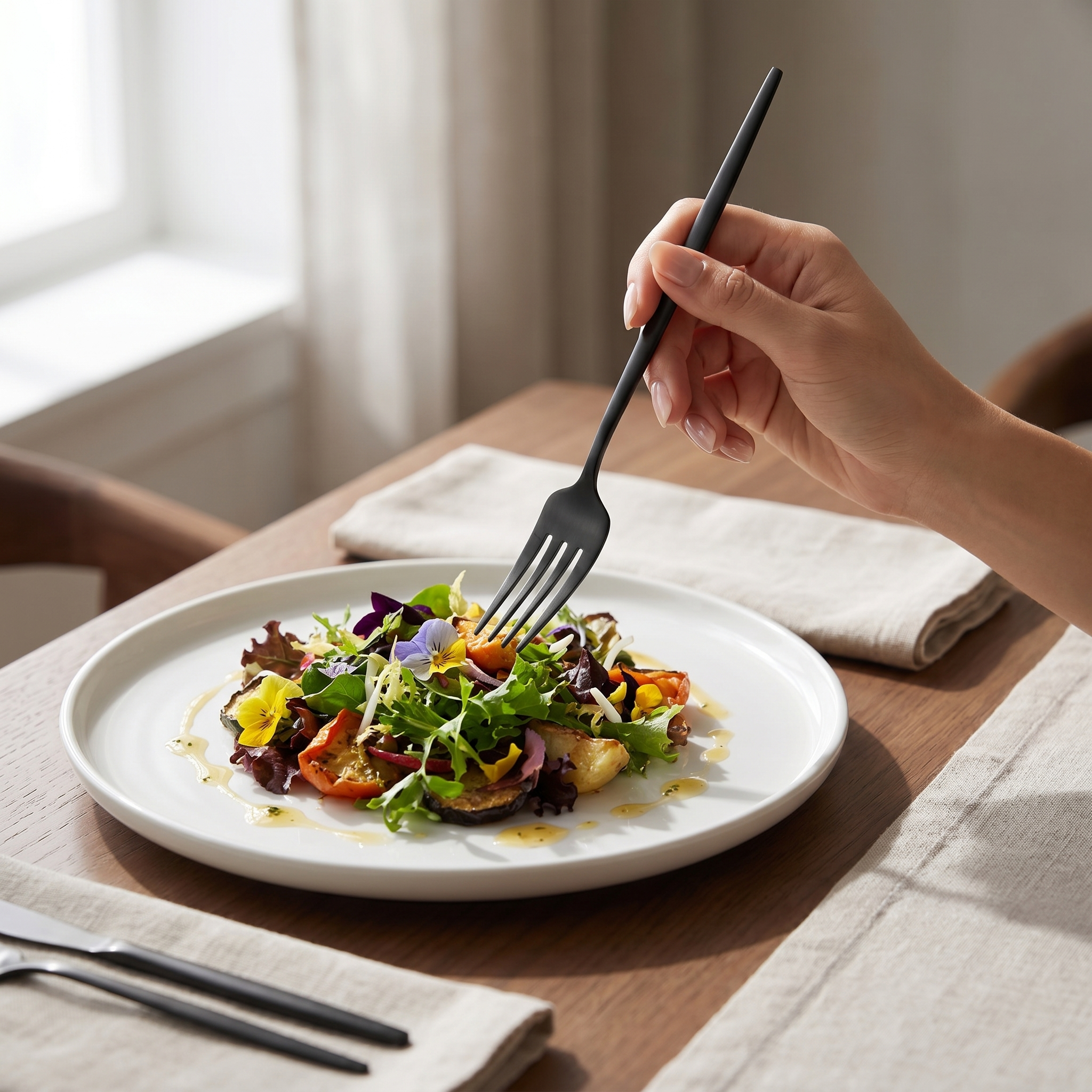 Hand holding an Onice matte black fork over a salad