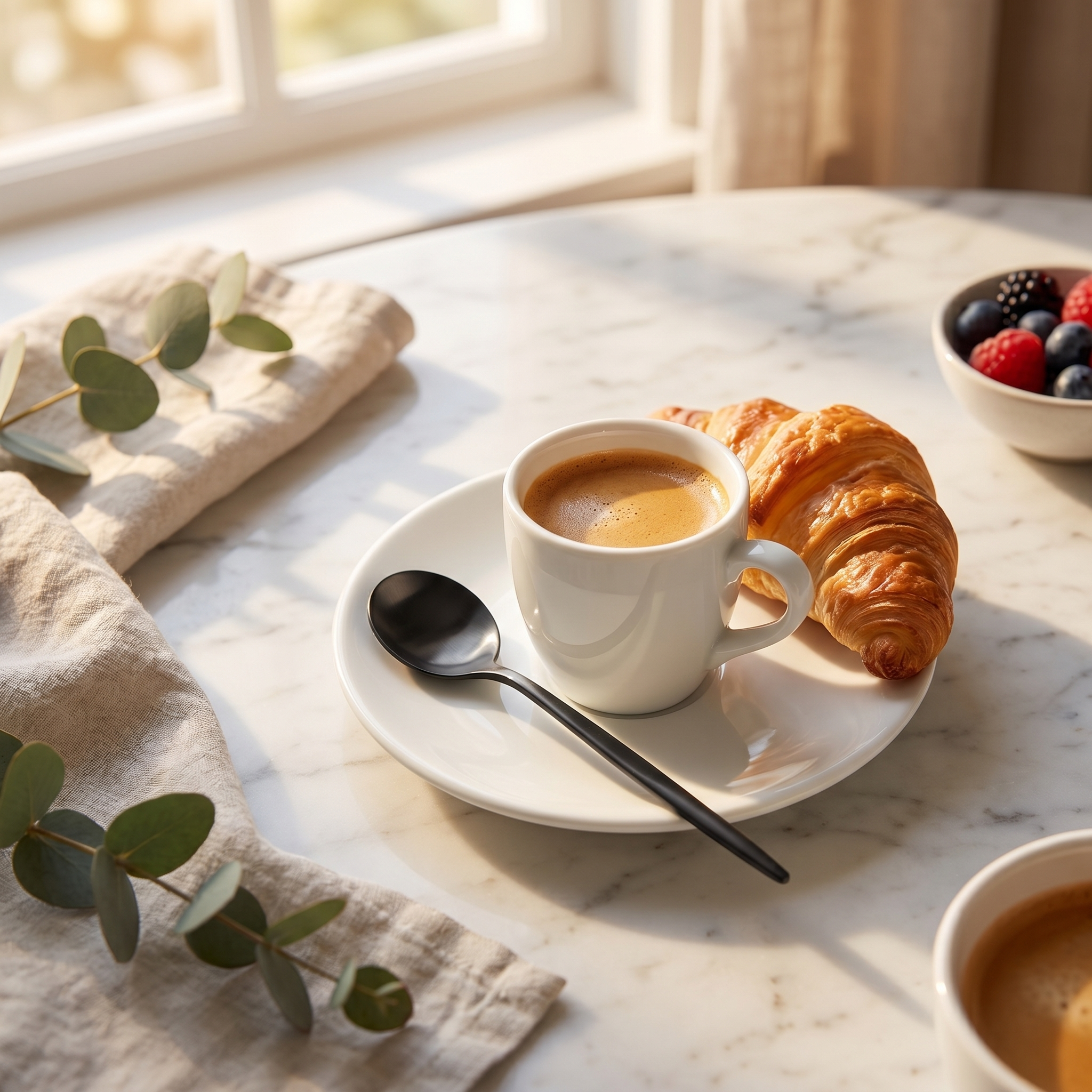 Onice matte black teaspoon with espresso and croissant