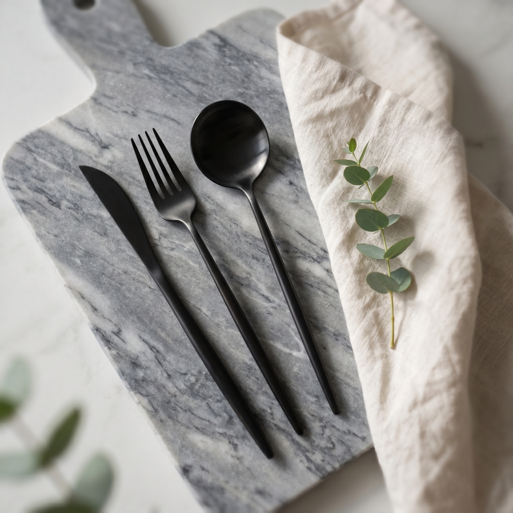 Onice matte black flatware flat-lay on marble with linen