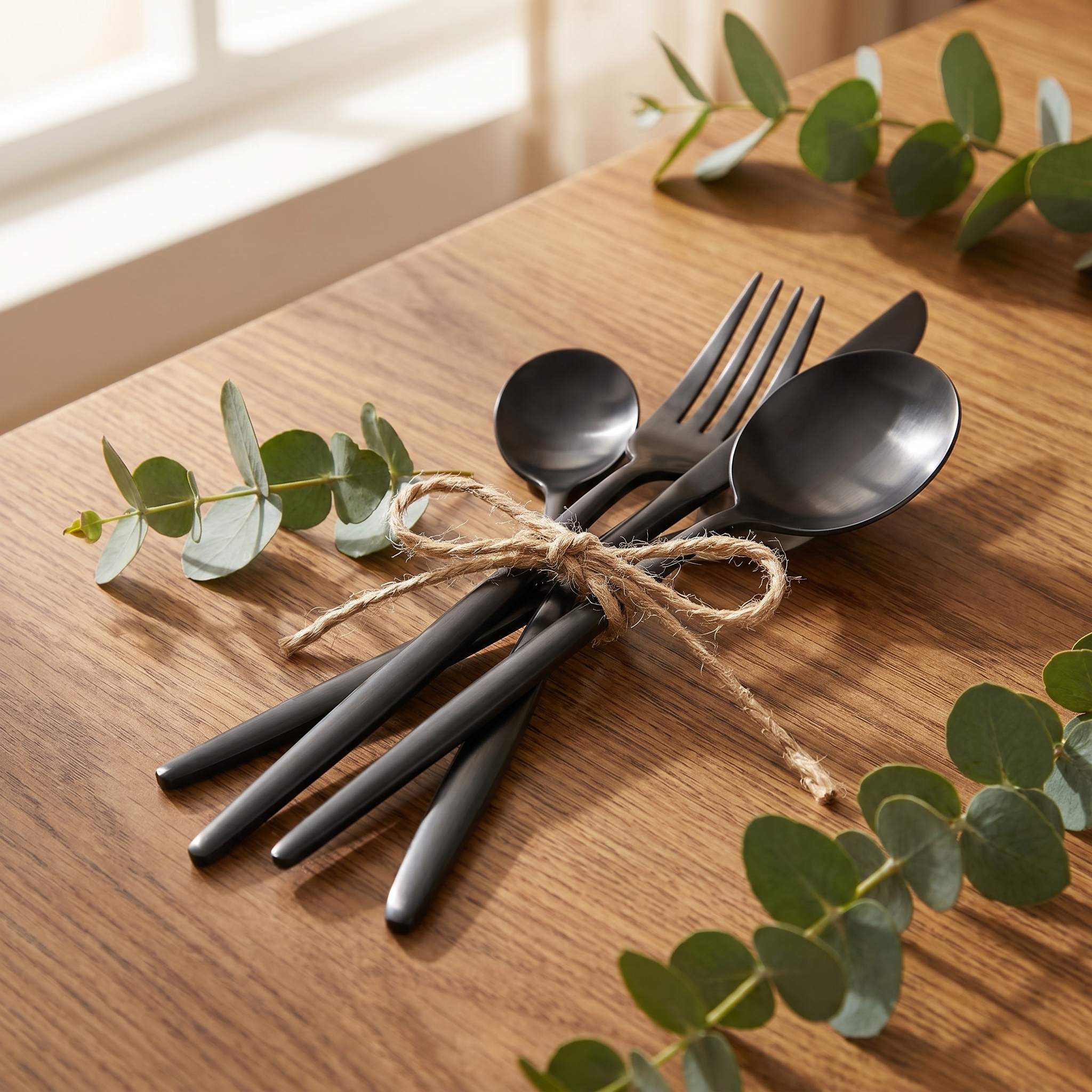Onice matte black flatware tied with twine as a gift