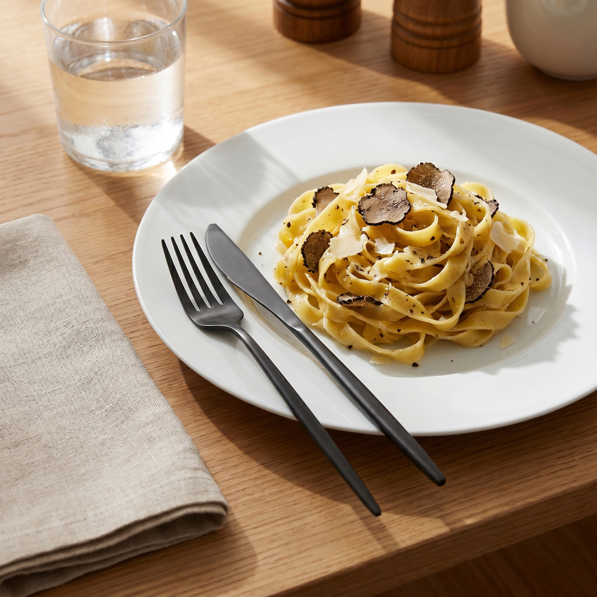 Plated pasta with Onice matte black fork and knife