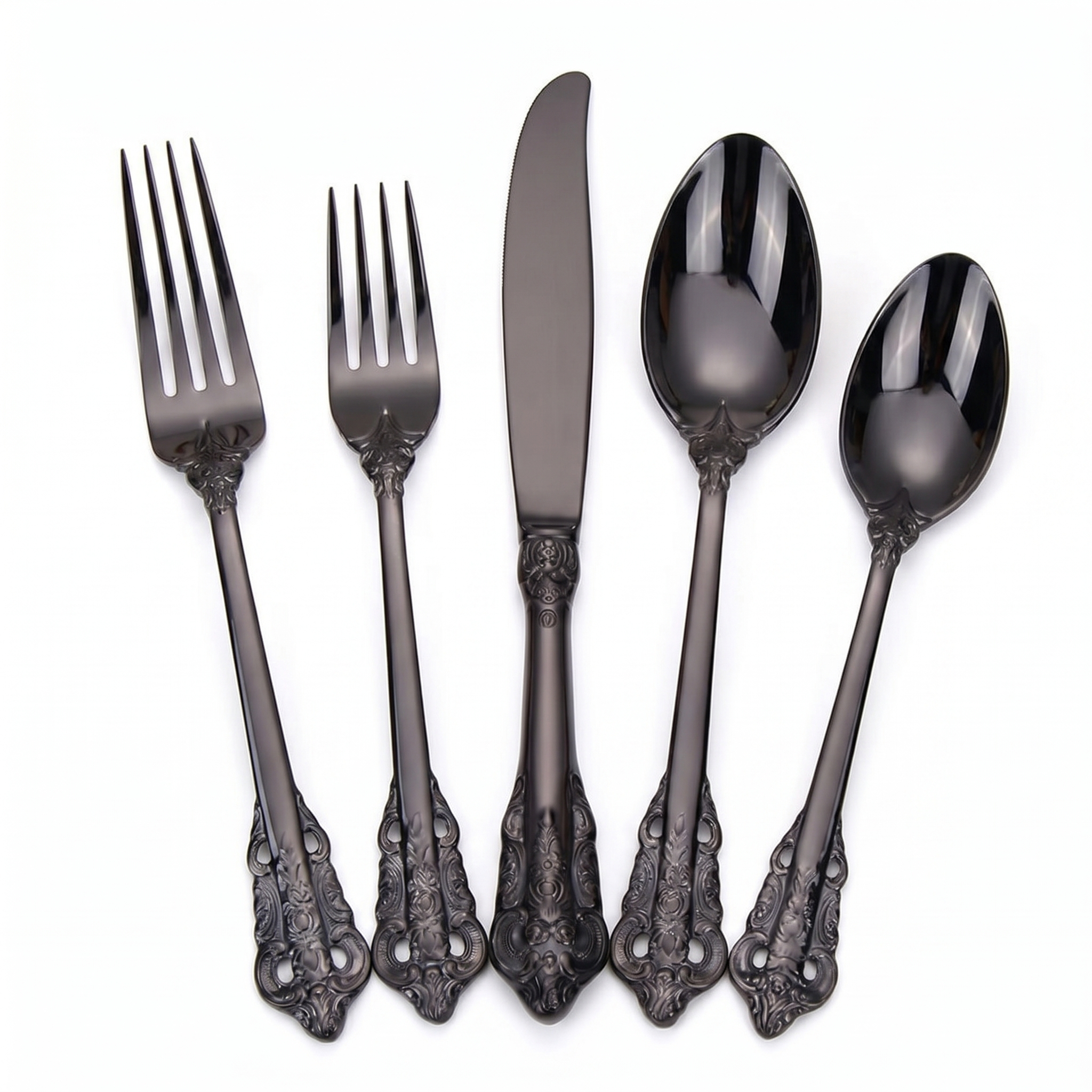 Regina Baroque matte black flatware set ornate scrollwork