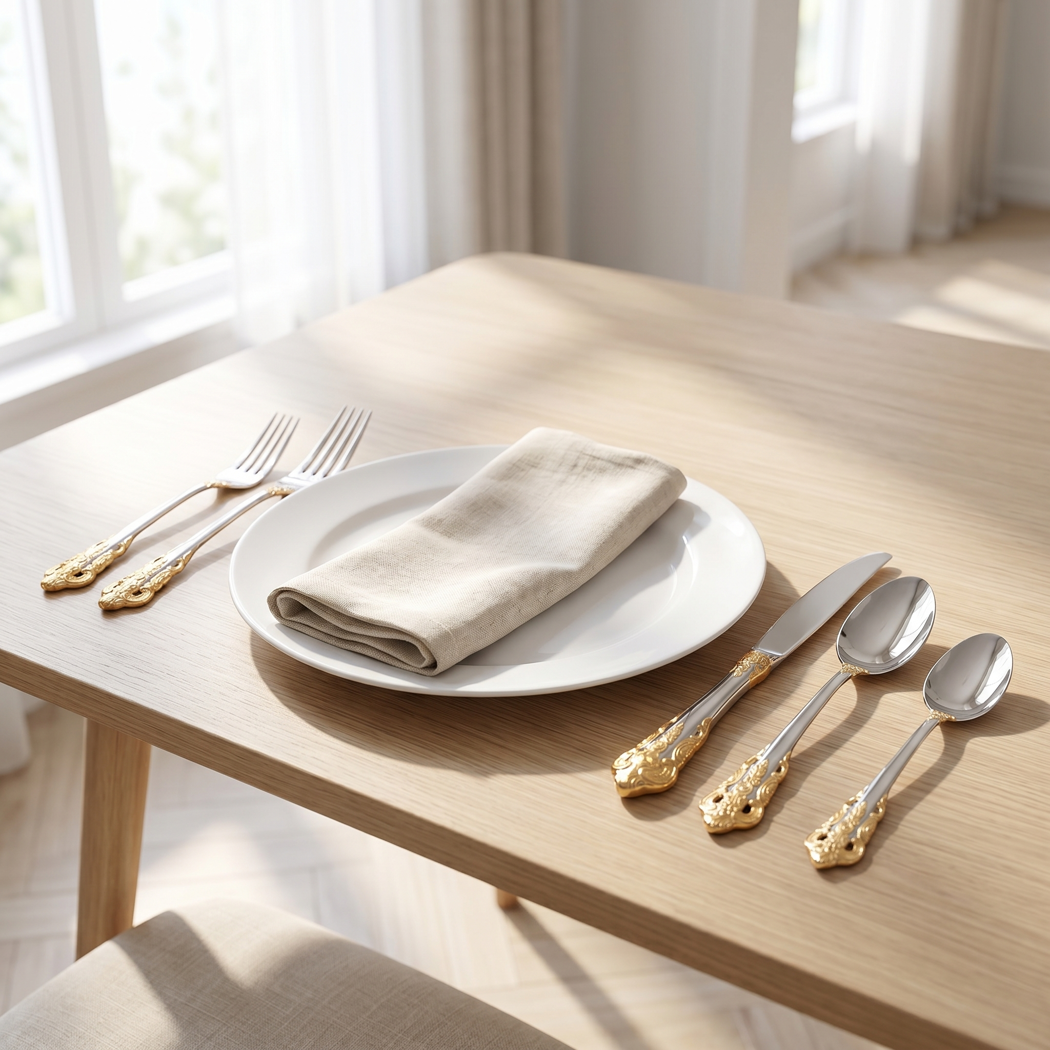 Ornate silver and gold flatware place setting on sunlit dining table
