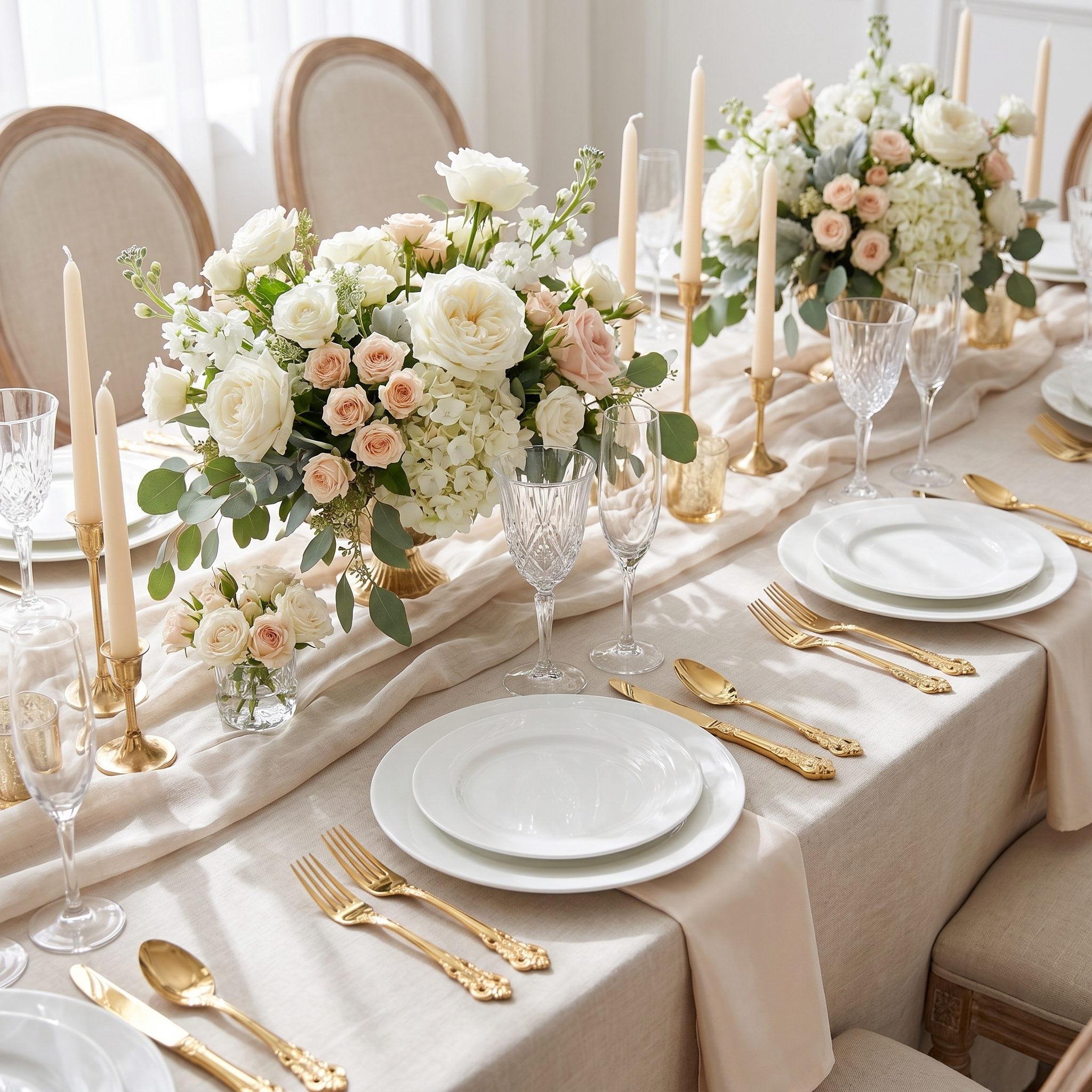 Gold ornate flatware elegant festive table setting with florals