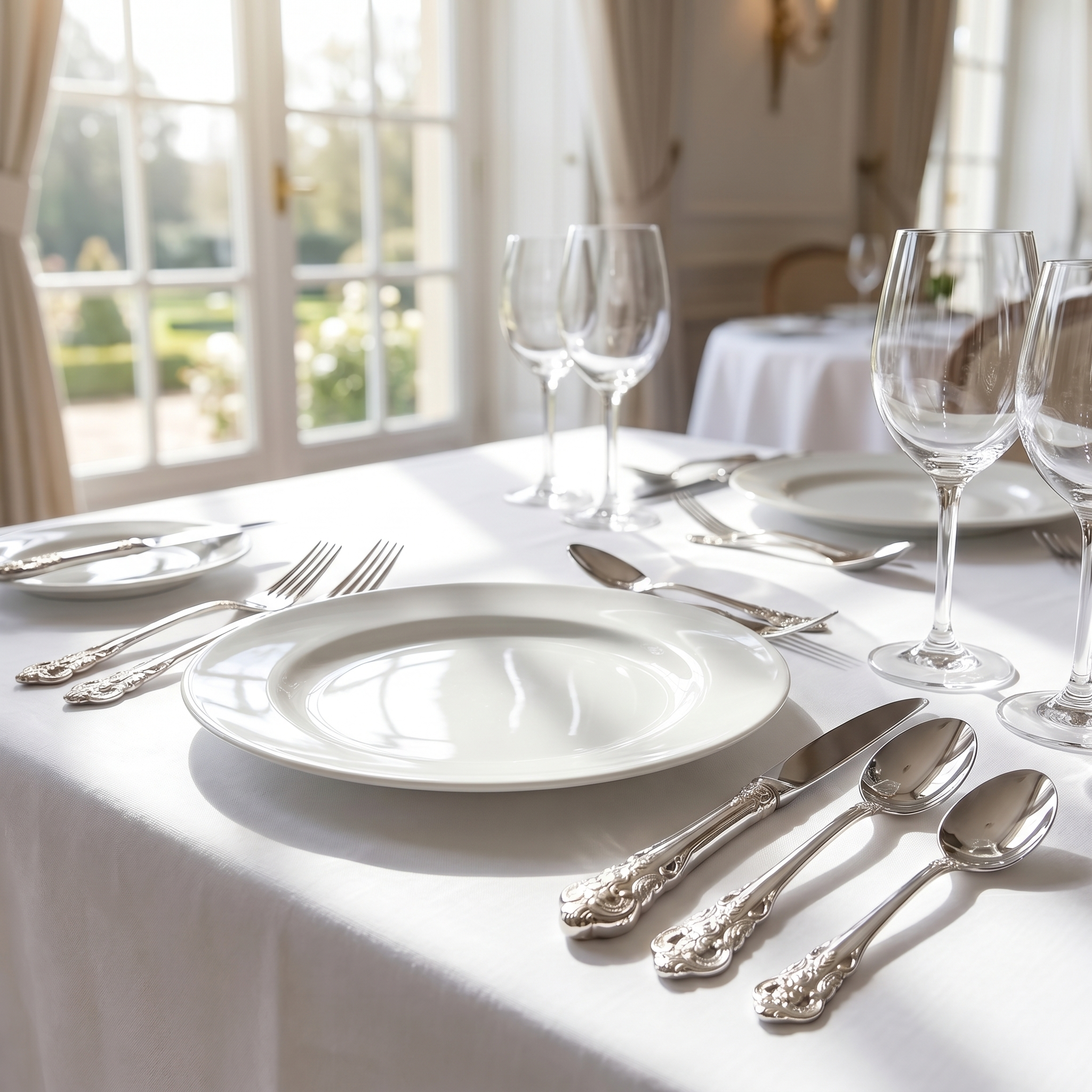 Silver ornate flatware formal dinner table with crystal glasses