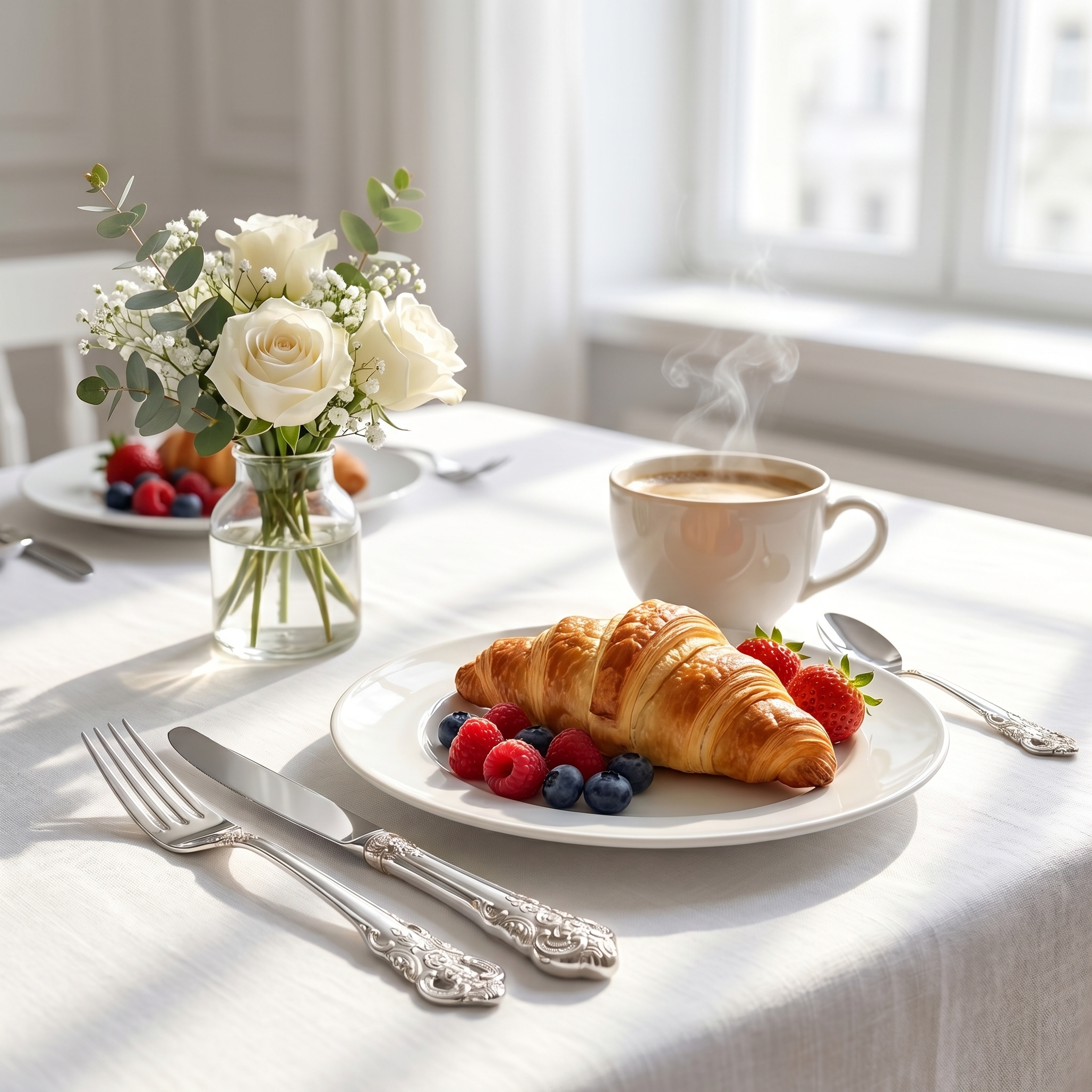 Silver ornate flatware bright brunch table with croissant and coffee