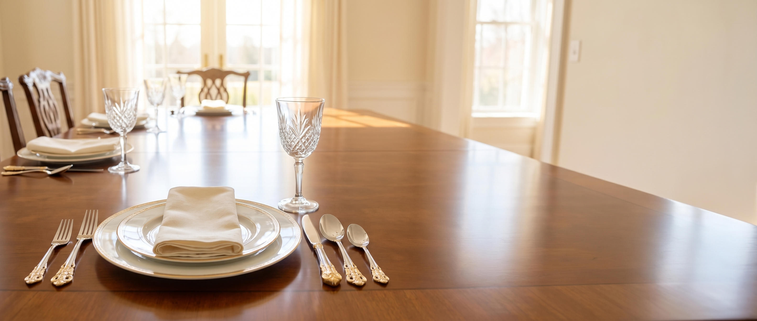 Regina Baroque ornate flatware set on an elegant sunlit dining table