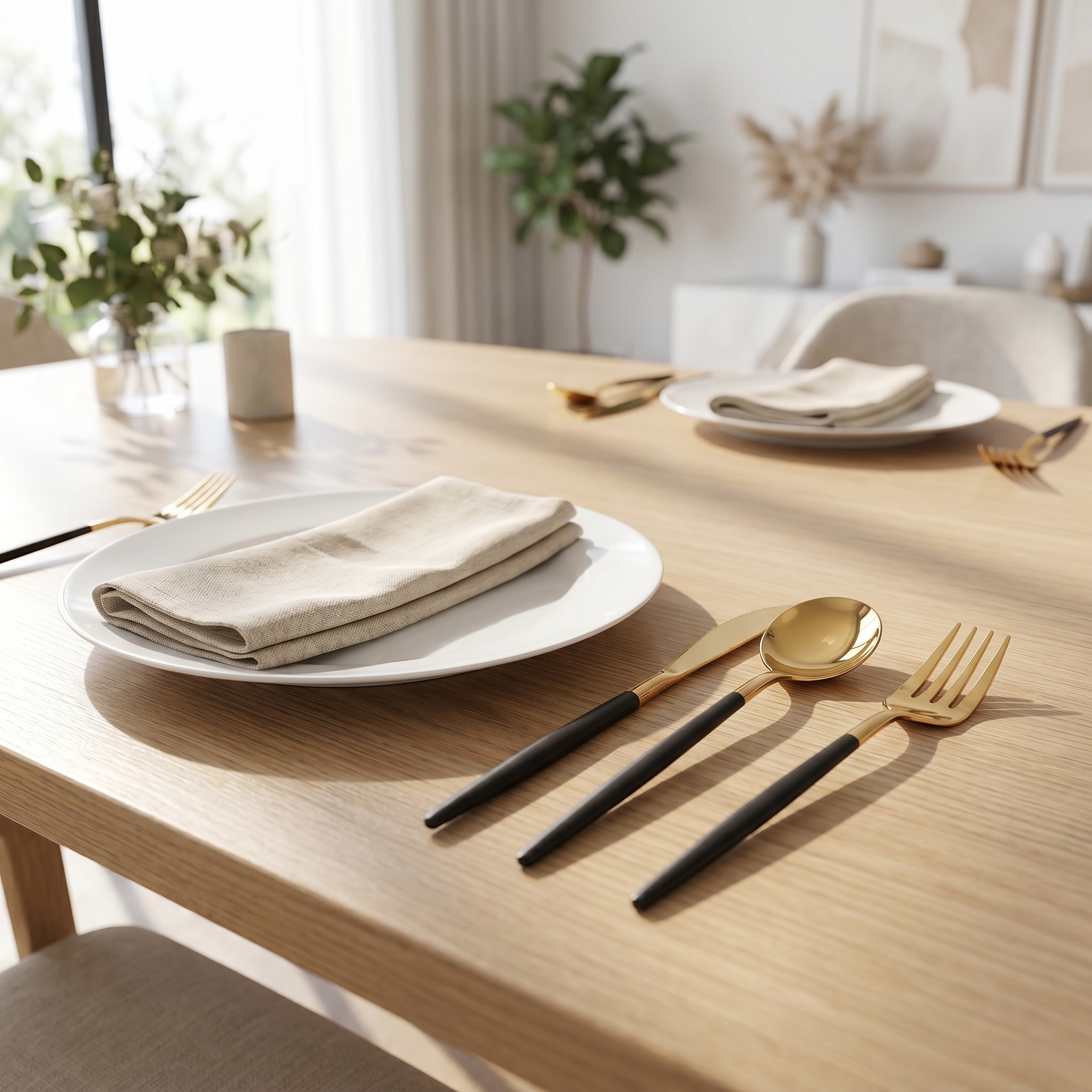 Black and gold two-tone cutlery place setting on a sunlit dining table