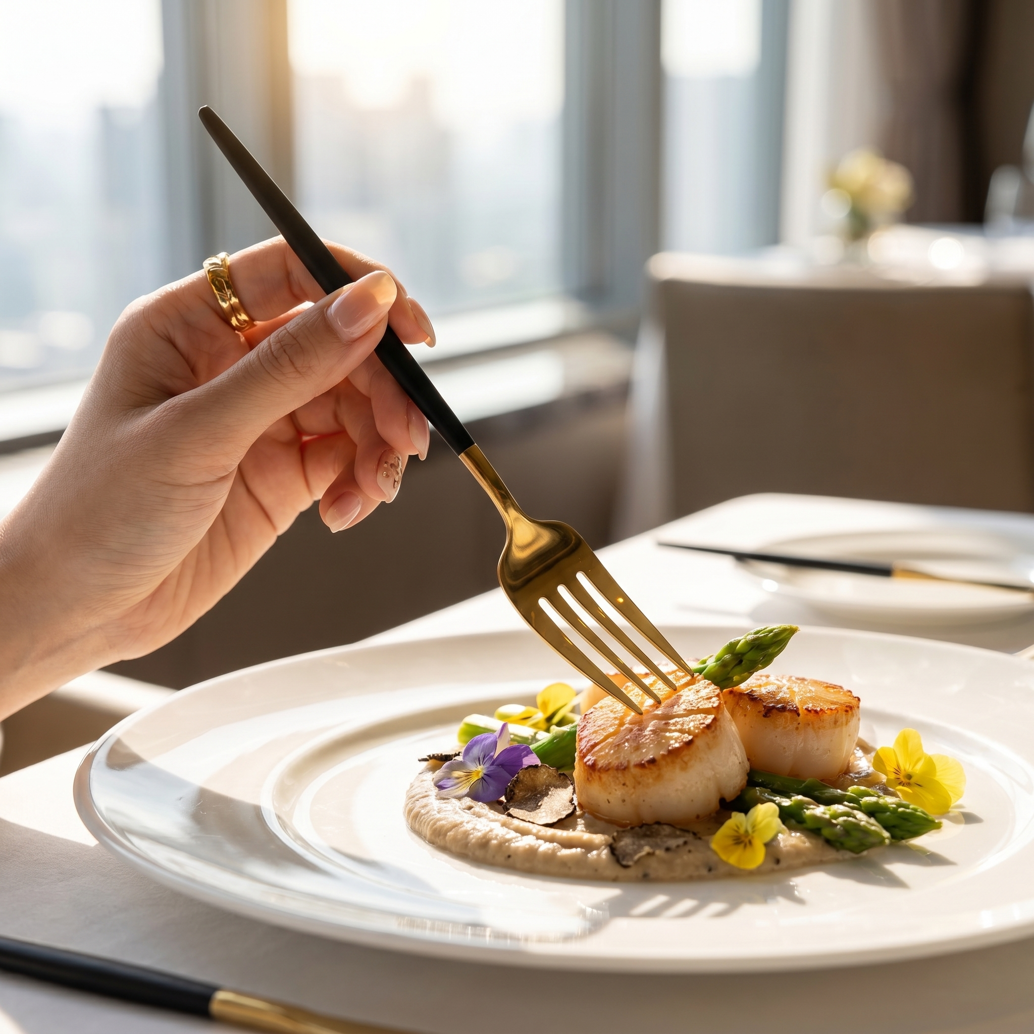 Hand holding a black and gold fork over a gourmet scallop dish