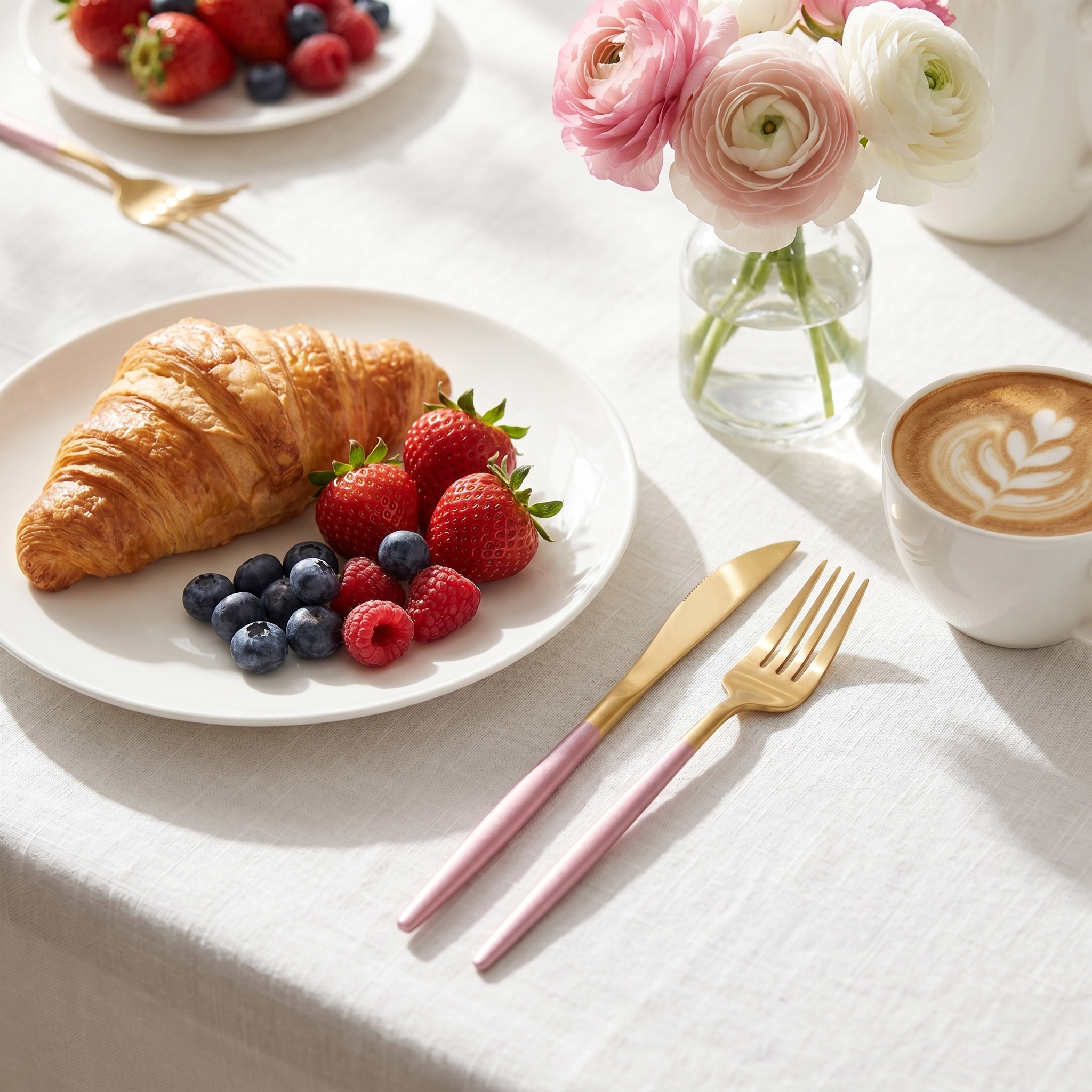 Pink and gold cutlery on a bright brunch table with croissant and coffee